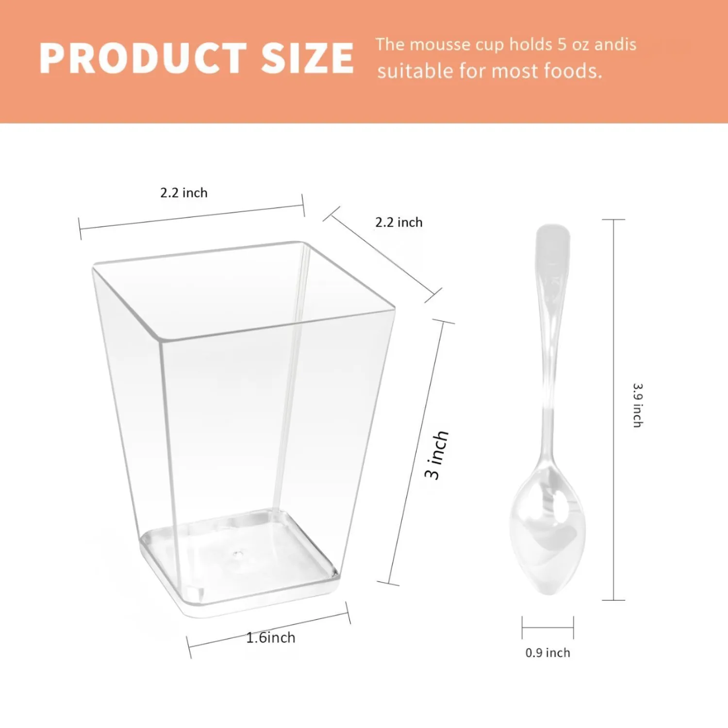 50 Pack 5 oz Clear Plastic Square Dessert Cups with Spoons，Mini Disposable Parfait Cups for Yogurt, Ice Cream and Tasting，Serving Cups for Appetizer，Pudding，Party (5 oz)