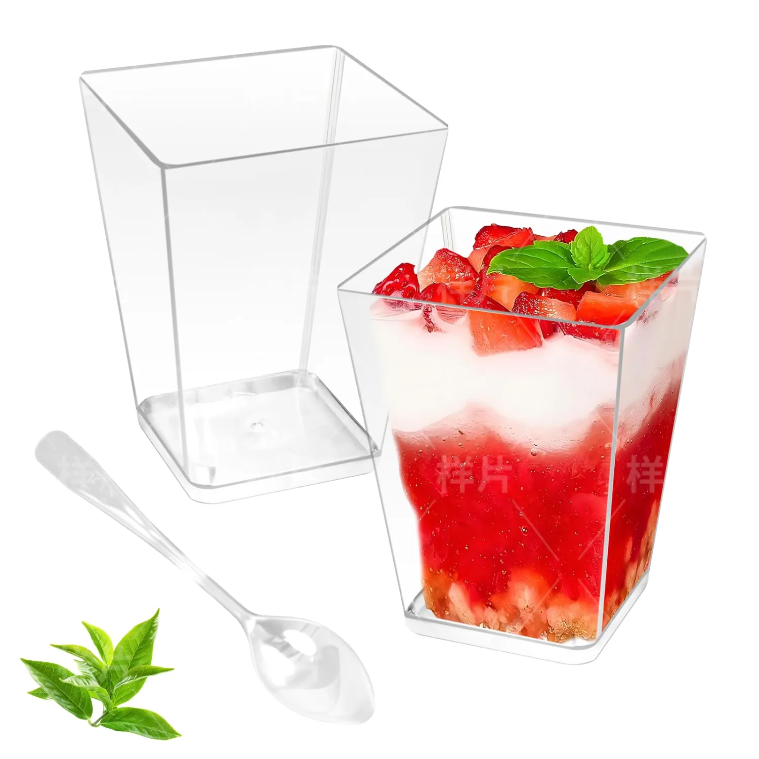 50 Pack 5 oz Clear Plastic Square Dessert Cups with Spoons，Mini Disposable Parfait Cups for Yogurt, Ice Cream and Tasting，Serving Cups for Appetizer，Pudding，Party (5 oz)