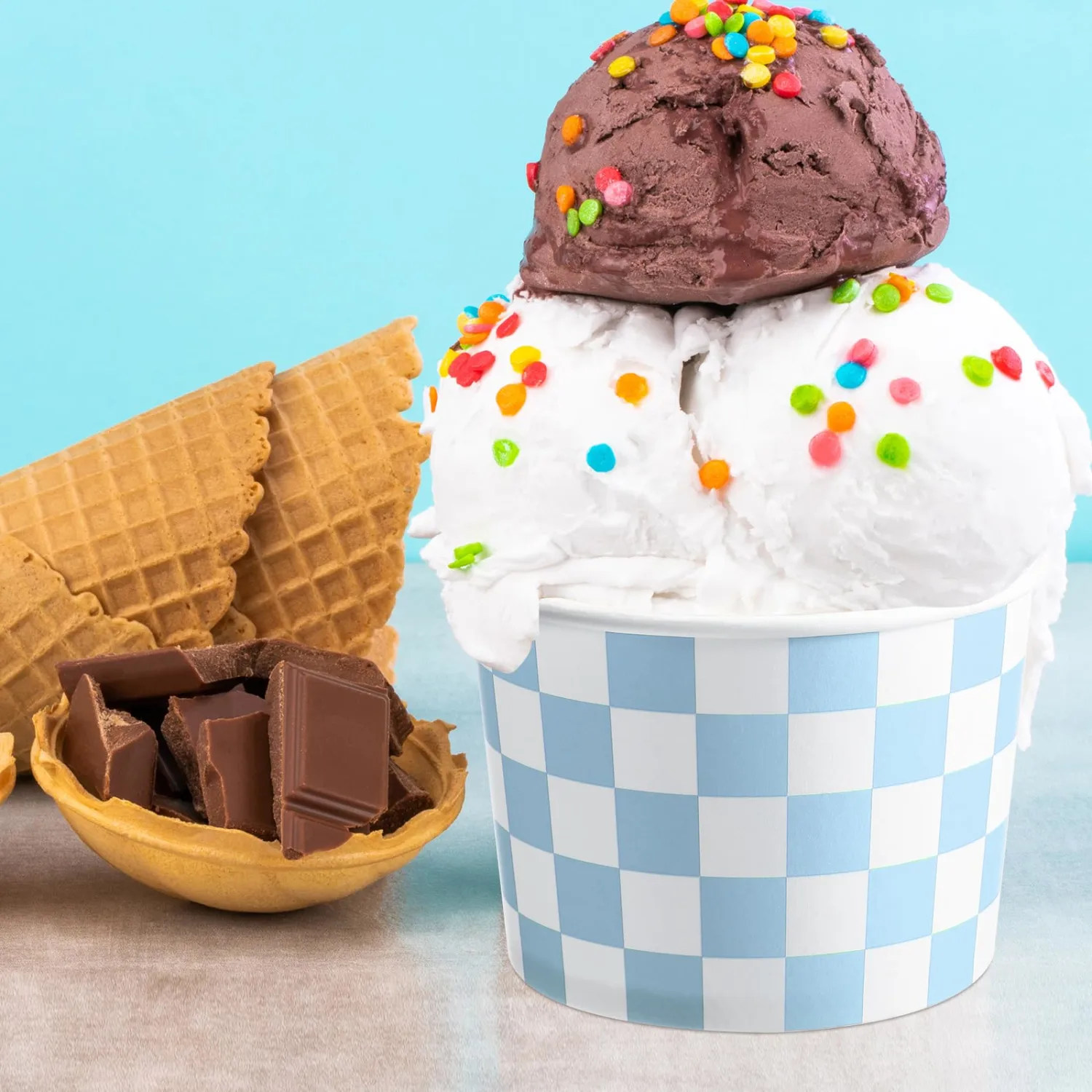 Zopeal 50 Count Light Blue Checkered Ice Cream Cups Disposable 9 oz Ice Cream Bowls Snack Paper Cups Race Car Birthday Party Supplies Sundae Picnic Dessert Yogurt Bowls Plaid for Food