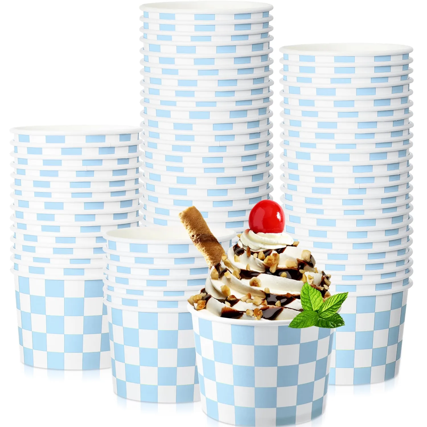Zopeal 50 Count Light Blue Checkered Ice Cream Cups Disposable 9 oz Ice Cream Bowls Snack Paper Cups Race Car Birthday Party Supplies Sundae Picnic Dessert Yogurt Bowls Plaid for Food