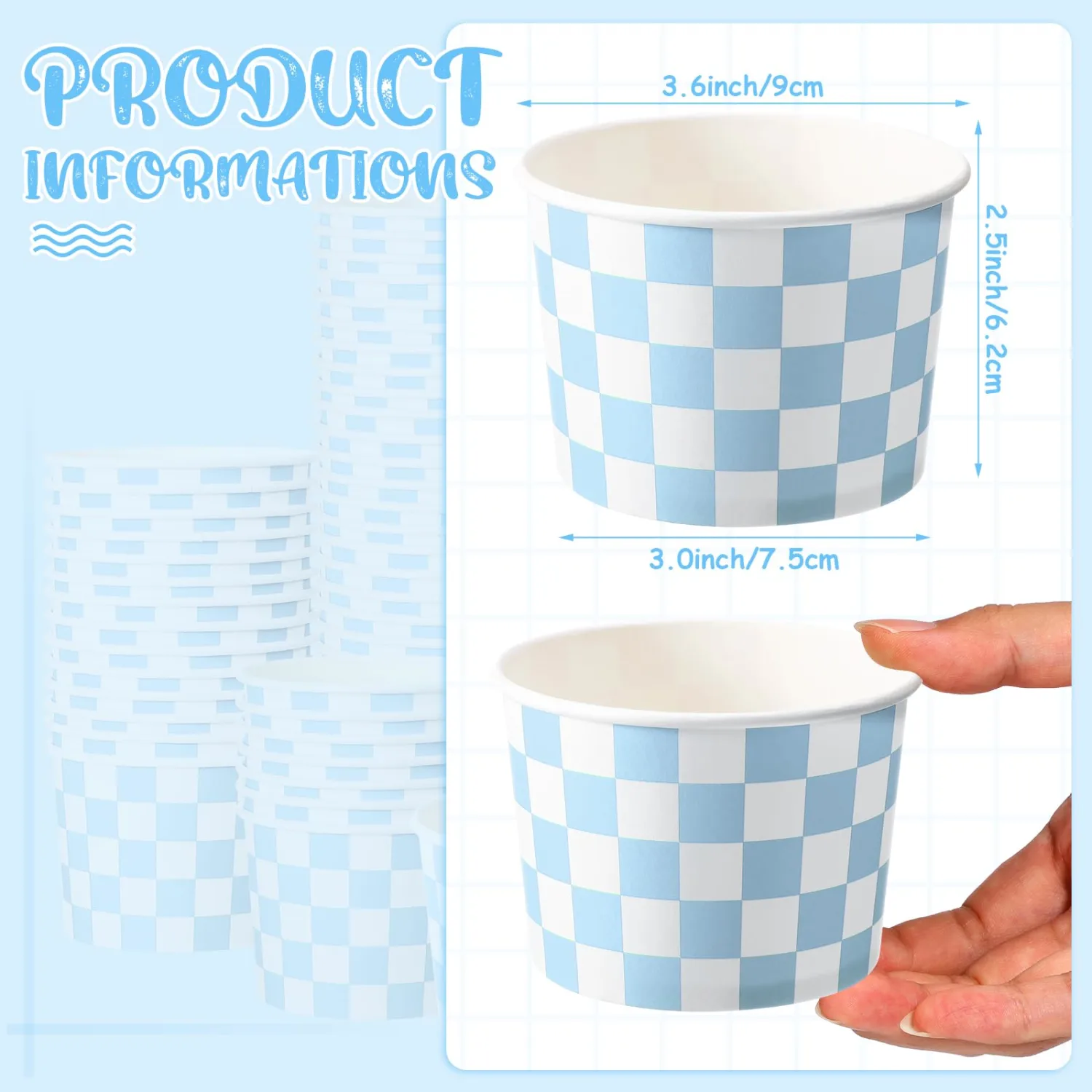Zopeal 50 Count Light Blue Checkered Ice Cream Cups Disposable 9 oz Ice Cream Bowls Snack Paper Cups Race Car Birthday Party Supplies Sundae Picnic Dessert Yogurt Bowls Plaid for Food
