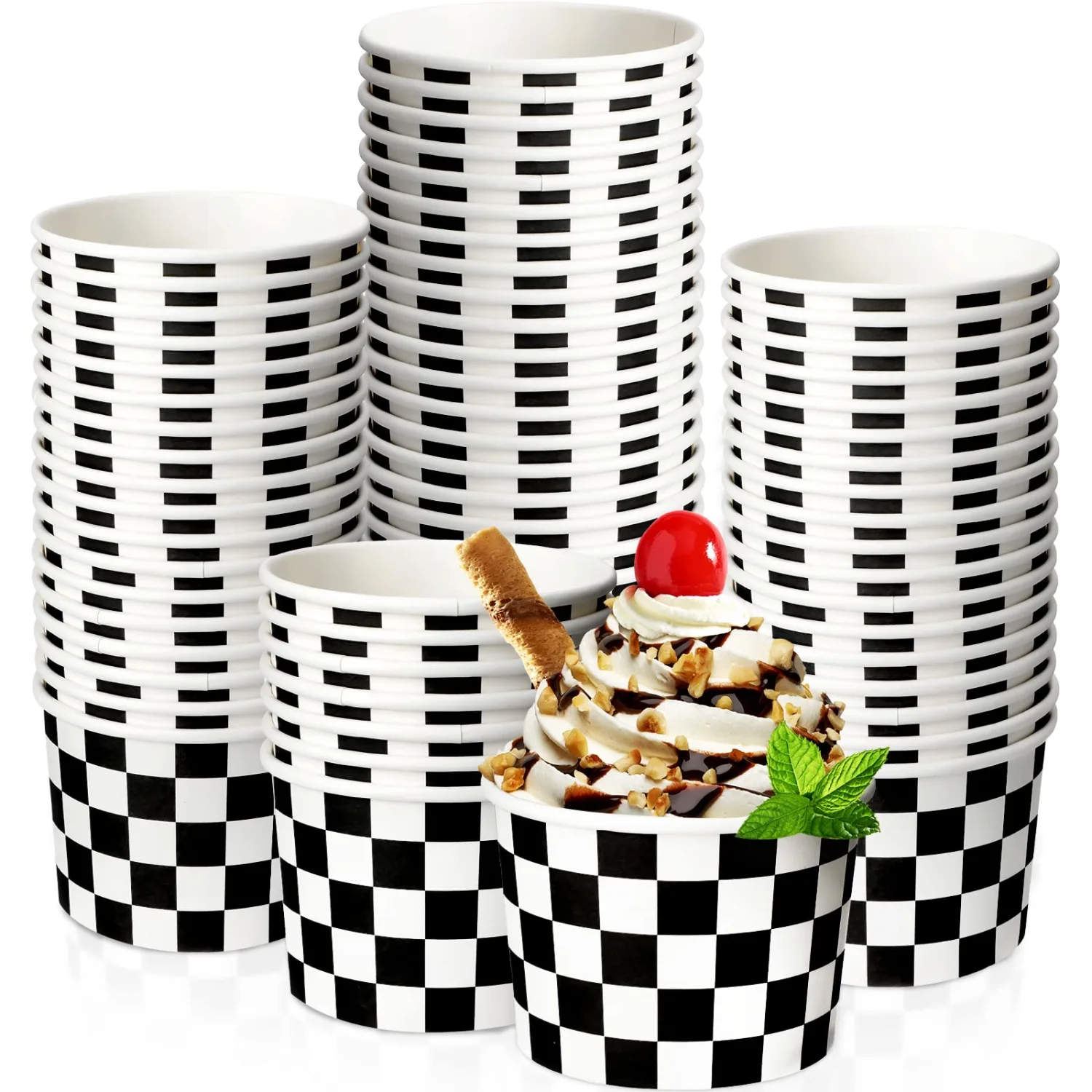 Zopeal 50 Count Black and White Checkered Ice Cream Cups Disposable 9 oz Ice Cream Bowls Snack Paper Cups Race Car Birthday Party Supplies Sundae Picnic Dessert Yogurt Bowls Plaid for Food