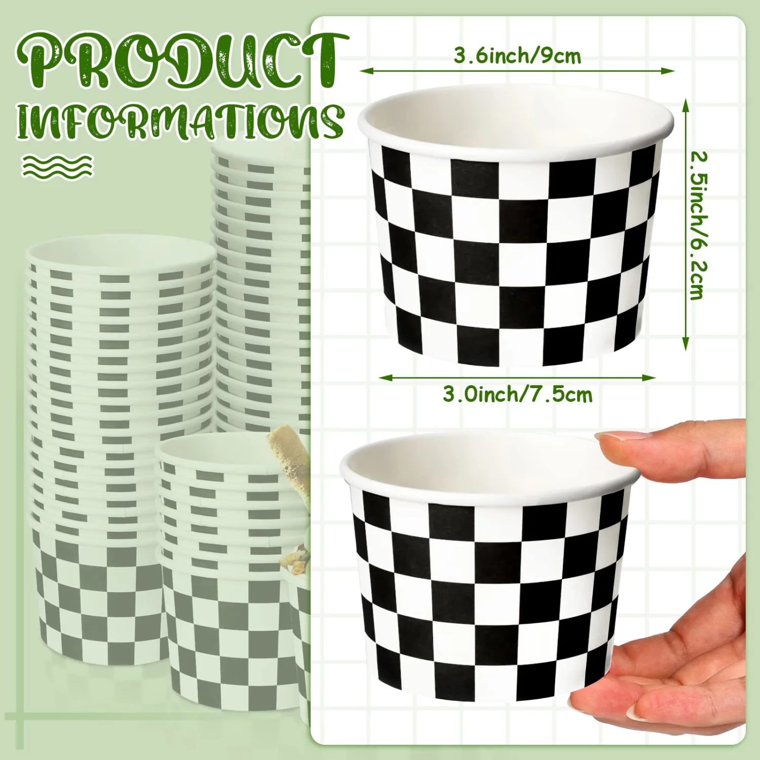 Zopeal 50 Count Black and White Checkered Ice Cream Cups Disposable 9 oz Ice Cream Bowls Snack Paper Cups Race Car Birthday Party Supplies Sundae Picnic Dessert Yogurt Bowls Plaid for Food