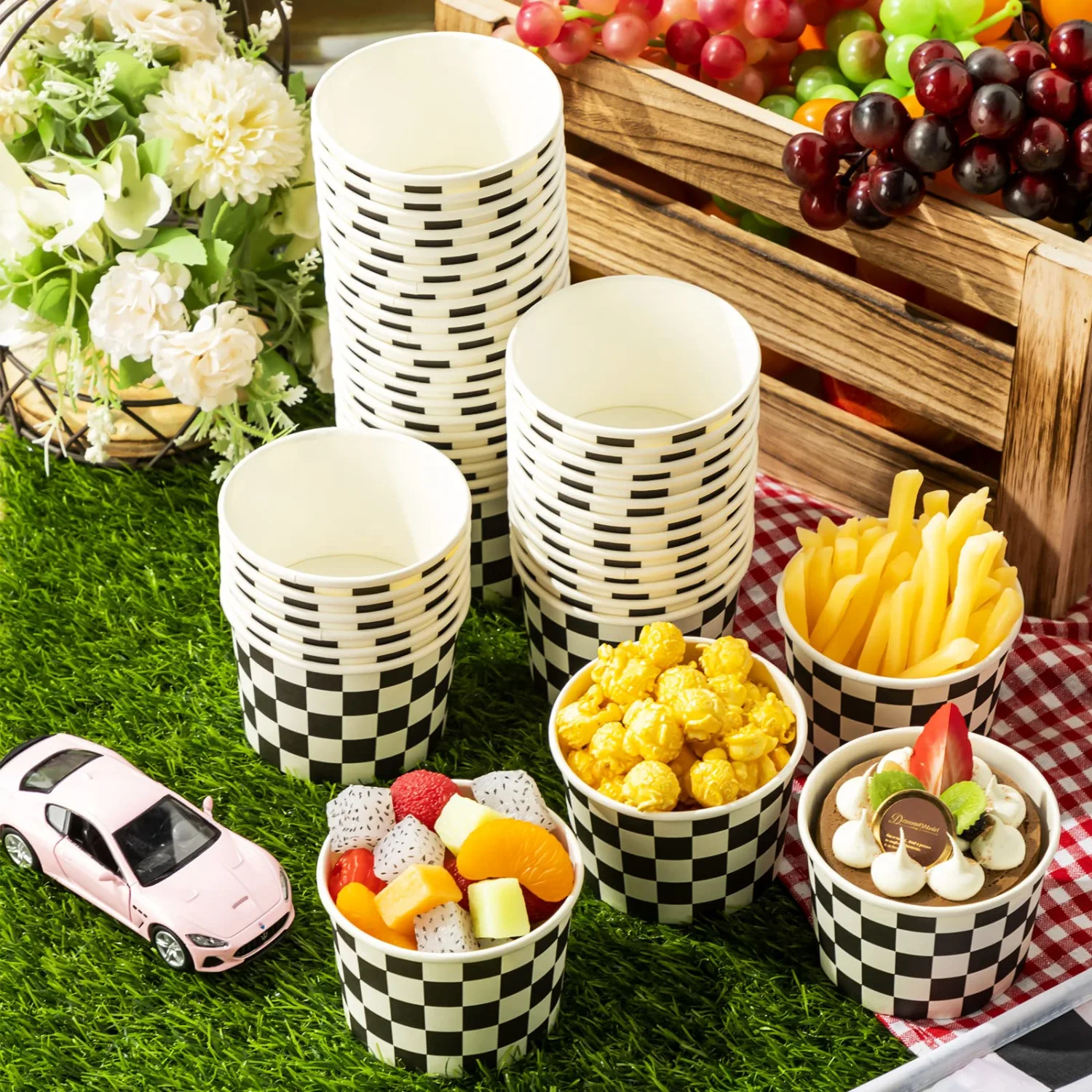 Zopeal 50 Count Black and White Checkered Ice Cream Cups Disposable 9 oz Ice Cream Bowls Snack Paper Cups Race Car Birthday Party Supplies Sundae Picnic Dessert Yogurt Bowls Plaid for Food