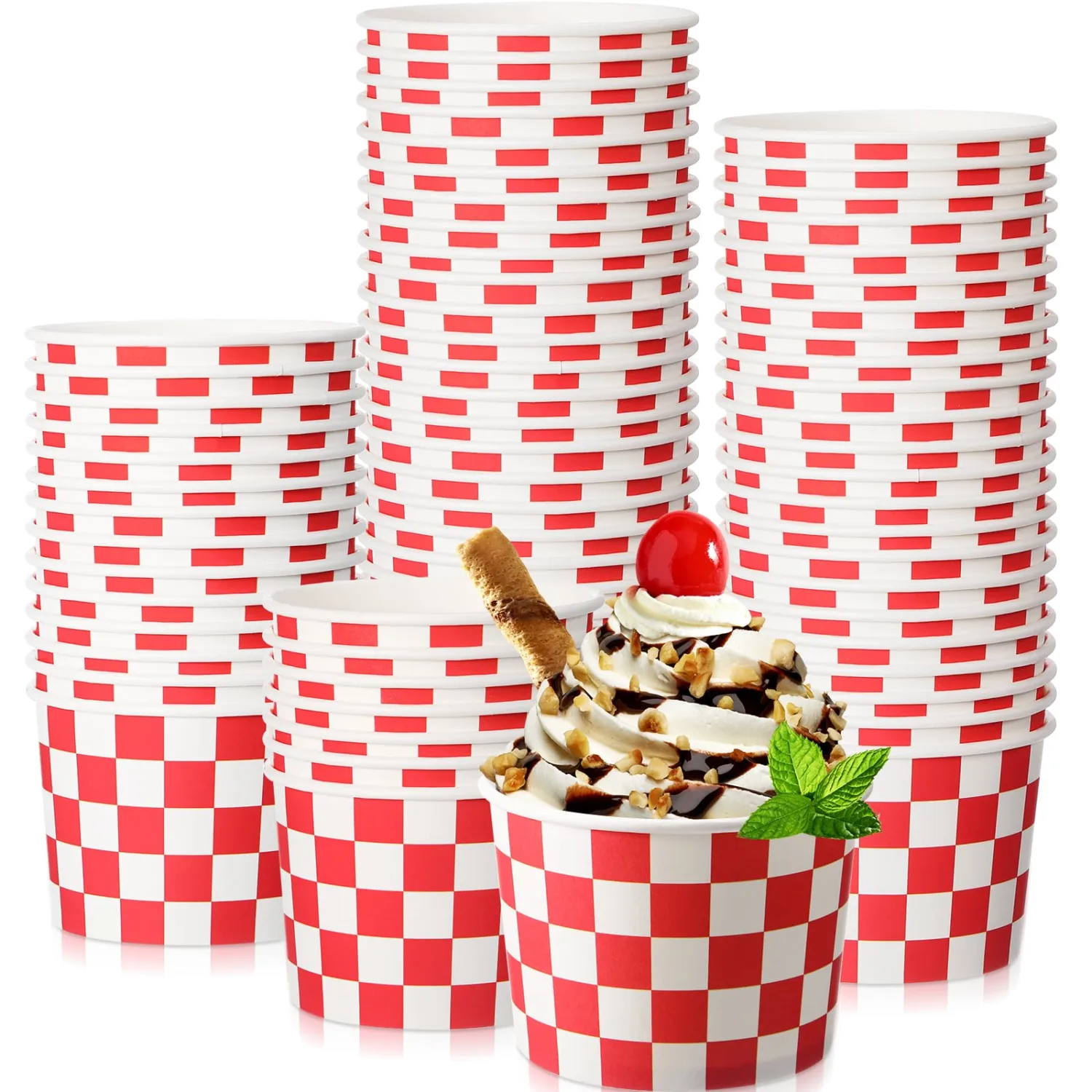 Zopeal 50 Count Red and White Checkered Ice Cream Cups Disposable 9 oz Ice Cream Bowls Snack Paper Cups Race Car Birthday Party Supplies Sundae Picnic Dessert Yogurt Bowls Plaid for Food