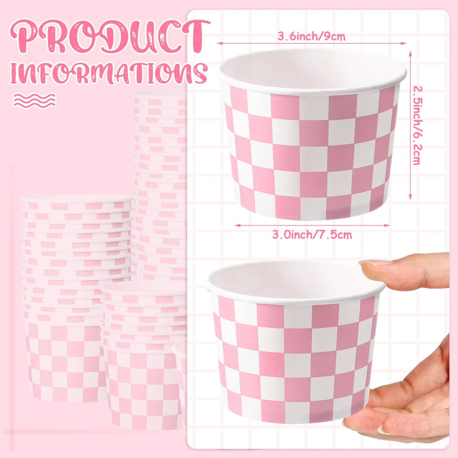 Zopeal 50 Count Pink Checkered Ice Cream Cups Disposable 9 oz Ice Cream Bowls Snack Paper Cups Race Car Birthday Party Supplies Sundae Picnic Dessert Yogurt Bowls Plaid for Food