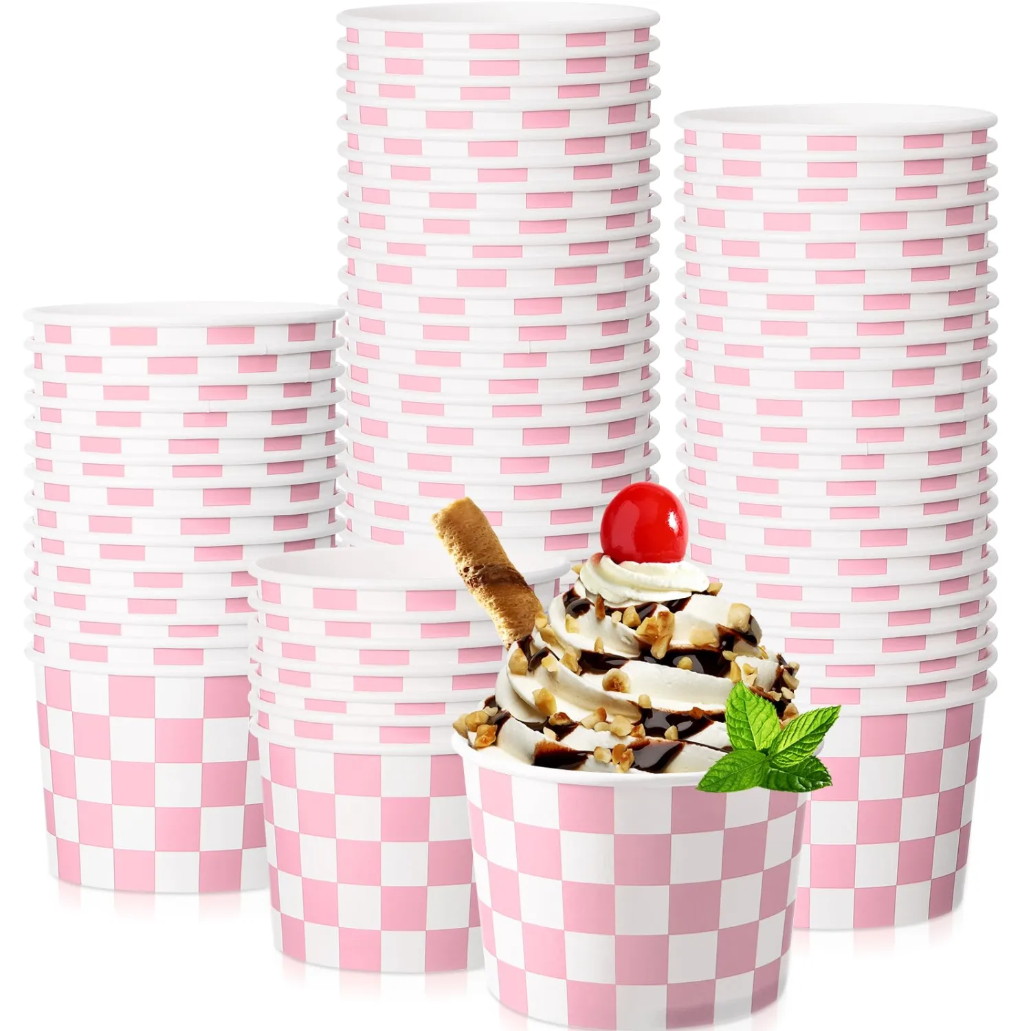 Zopeal 50 Count Pink Checkered Ice Cream Cups Disposable 9 oz Ice Cream Bowls Snack Paper Cups Race Car Birthday Party Supplies Sundae Picnic Dessert Yogurt Bowls Plaid for Food