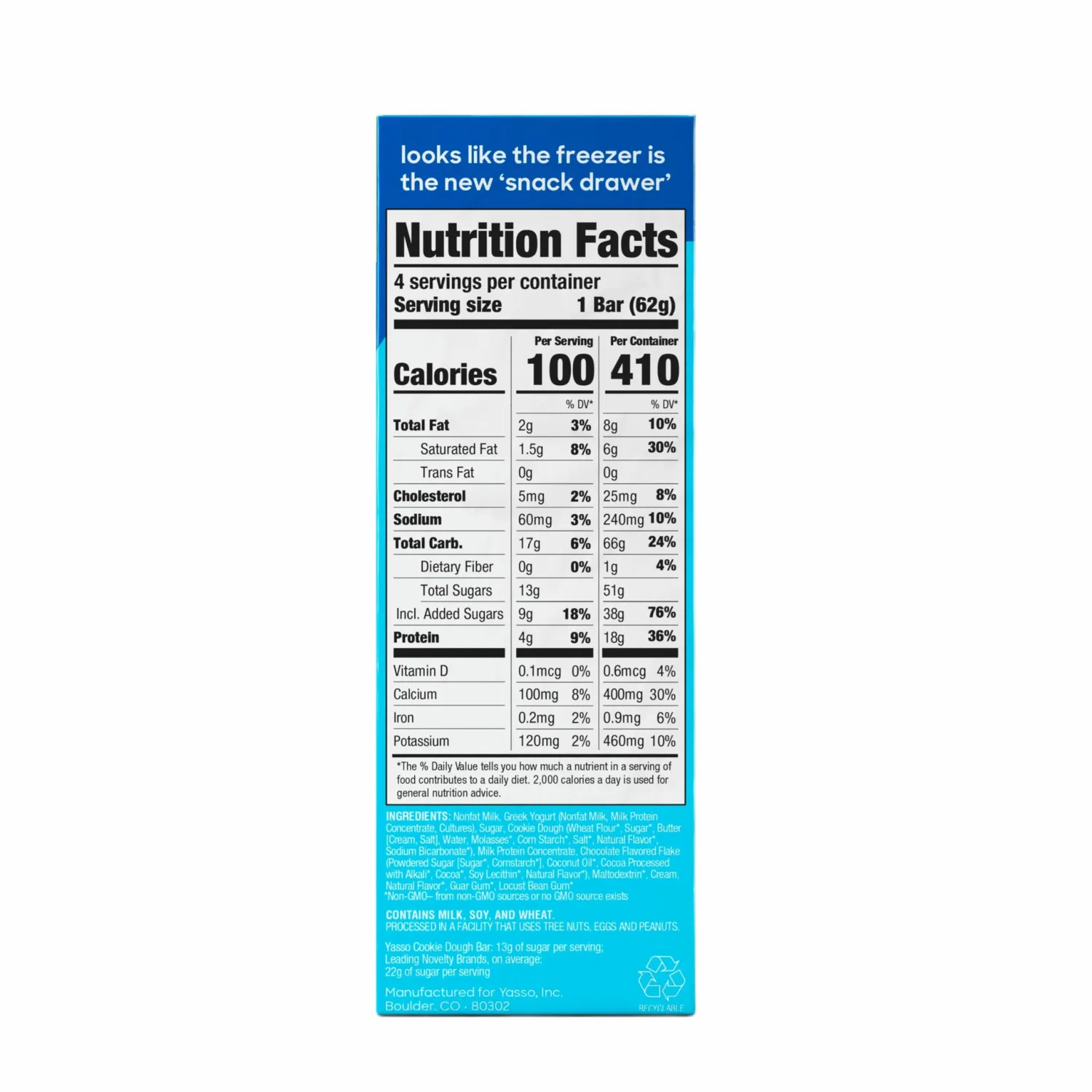 Yasso Chocolate Chip Cookie Dough Frozen Greek Yogurt Bars, 4 pk, 3.5 Fl Oz each