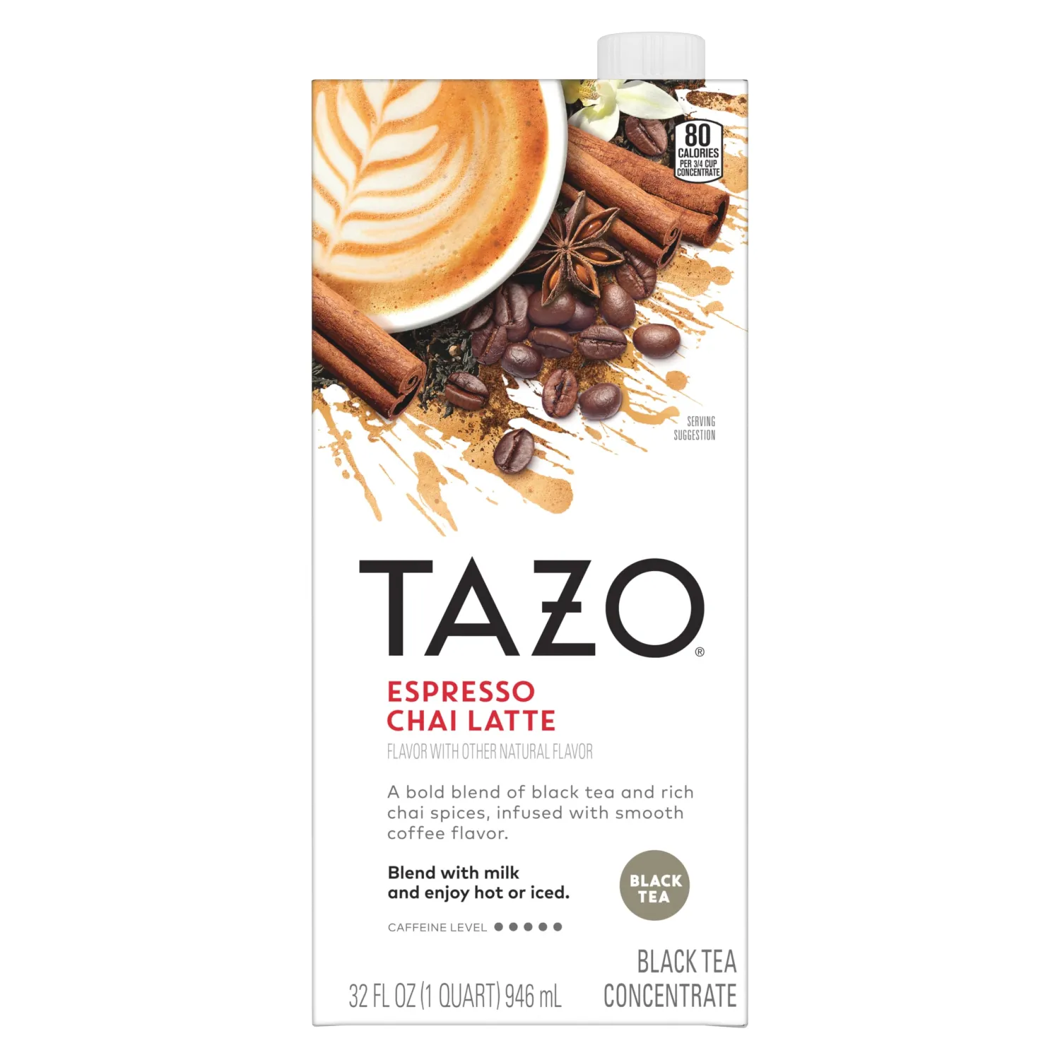 TAZO Espresso Chai Latte, Black Tea Concentrate, Easy to Serve Espresso Chai Tea for Everyday Cafe Style Lattes, Hot or Iced Coffee-like experience, Barista Approved, 32oz Tea Mix Carton