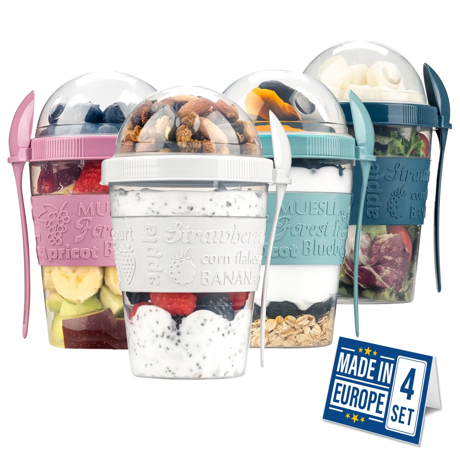 Crystalia Overnight Oat Containers with Lids – 4-Pack Breakfast Cups for Yogurt and Cereal To-Go, Reusable and Colorful Snack Containers for Travel, Work, or School