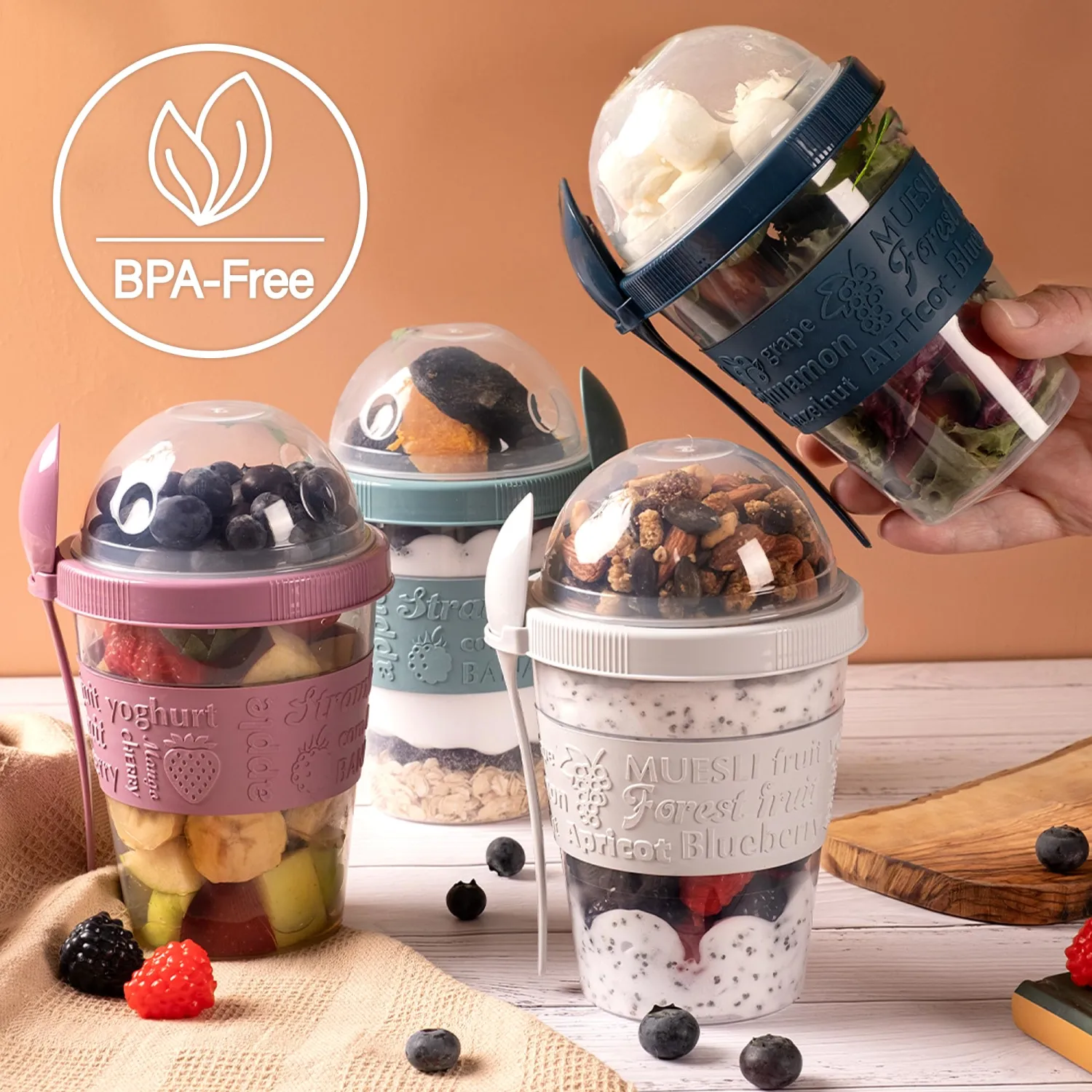 Crystalia Overnight Oat Containers with Lids – 4-Pack Breakfast Cups for Yogurt and Cereal To-Go, Reusable and Colorful Snack Containers for Travel, Work, or School