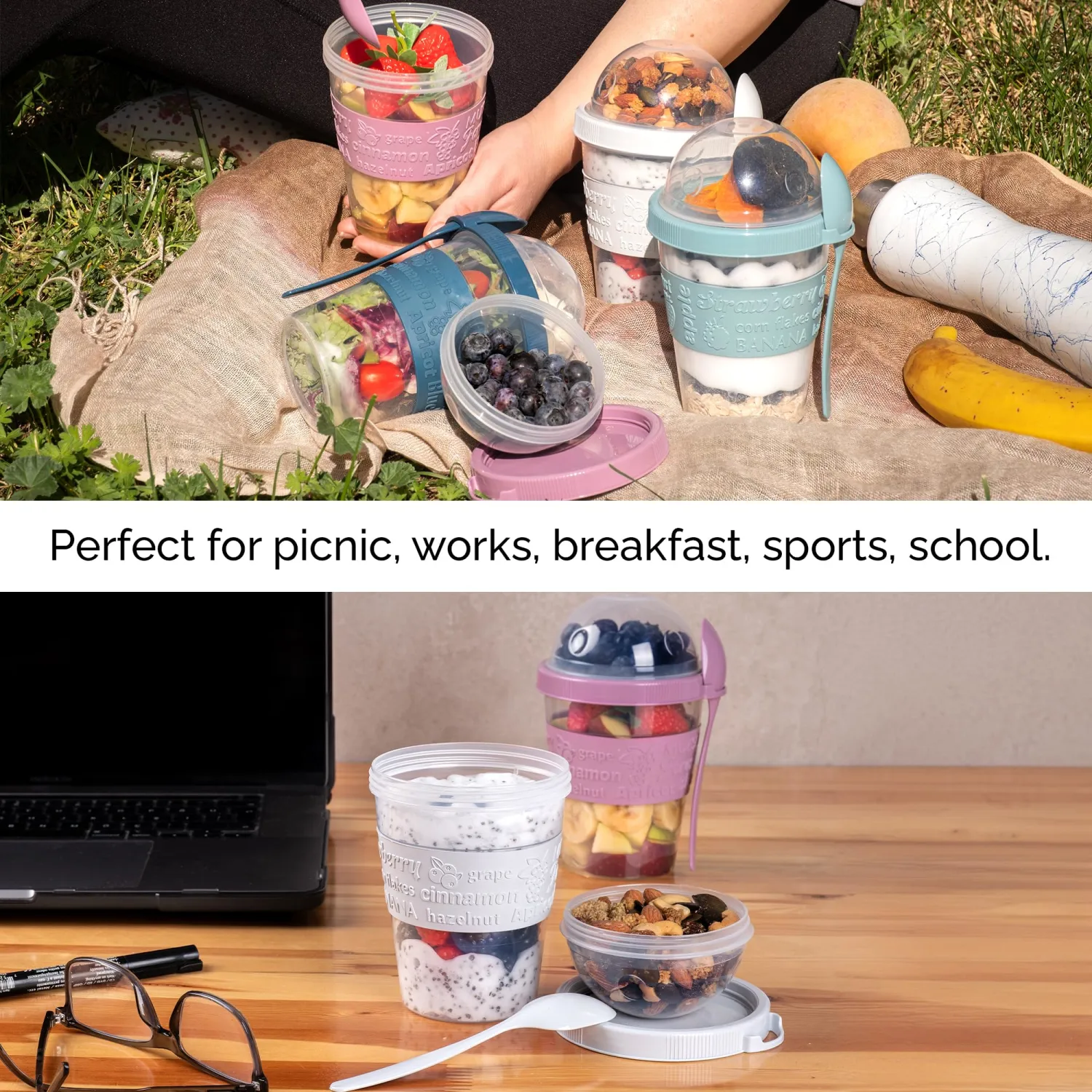Crystalia Overnight Oat Containers with Lids – 4-Pack Breakfast Cups for Yogurt and Cereal To-Go, Reusable and Colorful Snack Containers for Travel, Work, or School