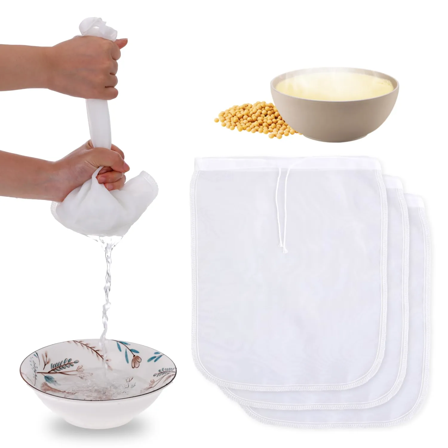 Giantree 3 Pcs Nut Milk Bag for Straining, 12" x 10" Reusable Nylon Cheese Cloth for Straining Juice Coffee Yogurt Tea Milk Almond Soy Fine Mesh Filter Cheesecloth Bags