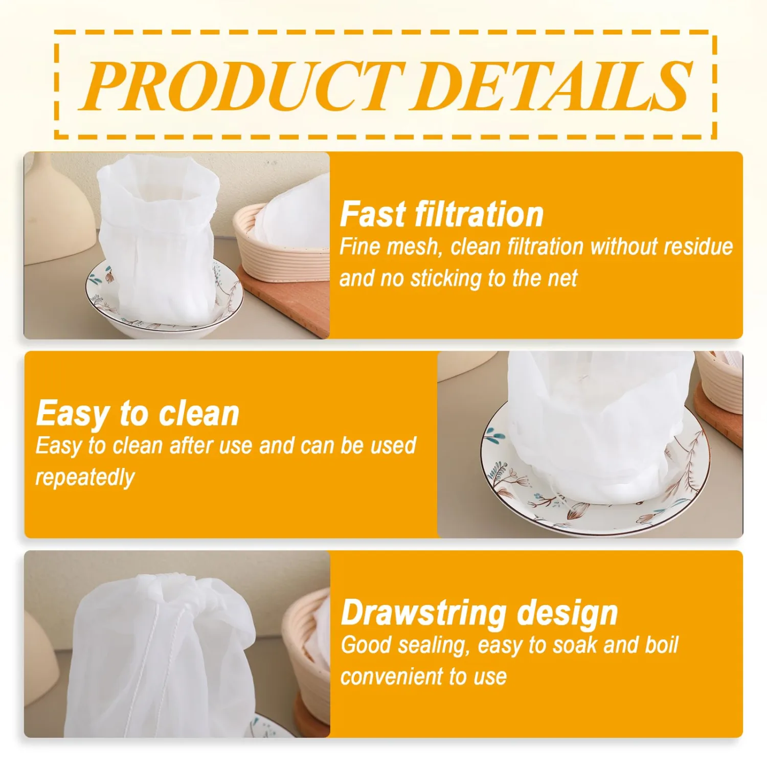 Giantree 3 Pcs Nut Milk Bag for Straining, 12" x 10" Reusable Nylon Cheese Cloth for Straining Juice Coffee Yogurt Tea Milk Almond Soy Fine Mesh Filter Cheesecloth Bags