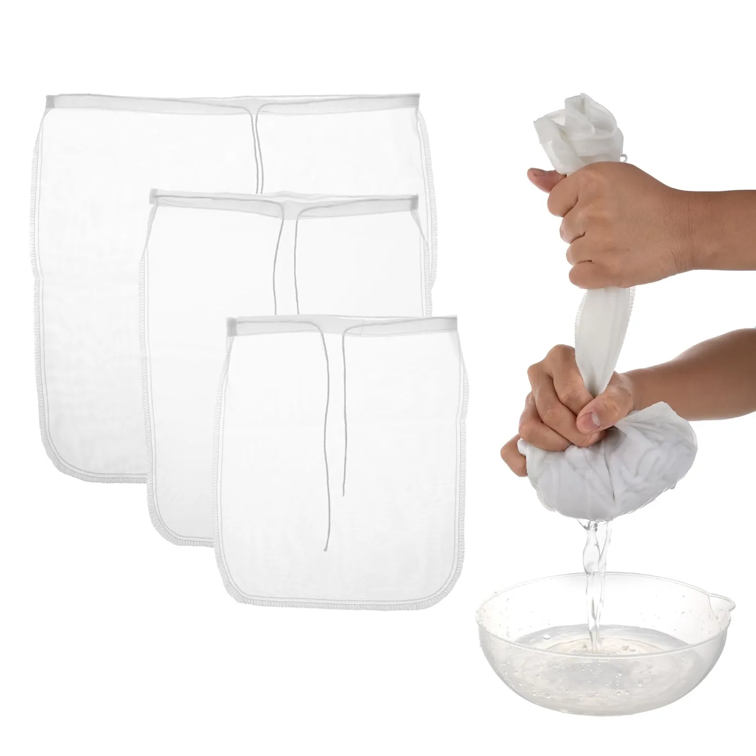 Nut Milk Bag, 3 Pack reusable Nylon Cheesecloth Fine Mesh Cheese Bags Food Strainer for Almond Soy Yogurt Cold Brew Coffee Tea Beer Celery Juice Fine Nylon Mesh, 3 Sizes