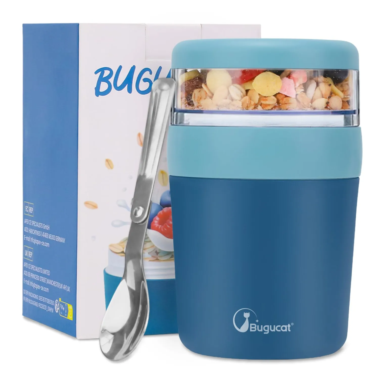 Bugucat Overnight Oats Containers with Lids,Snackle Box Container,500ml+150ml Yogurt and Fruit Holder Cereal Cup to Go with Lids and Spoon, Reusable Portable Cup Cereal Cup with Salad Container