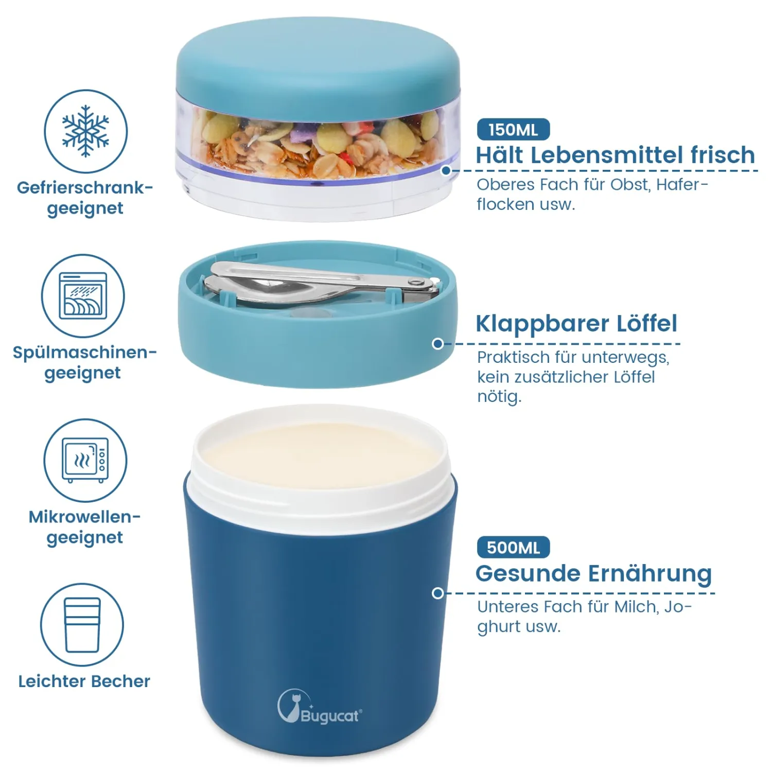 Bugucat Overnight Oats Containers with Lids,Snackle Box Container,500ml+150ml Yogurt and Fruit Holder Cereal Cup to Go with Lids and Spoon, Reusable Portable Cup Cereal Cup with Salad Container