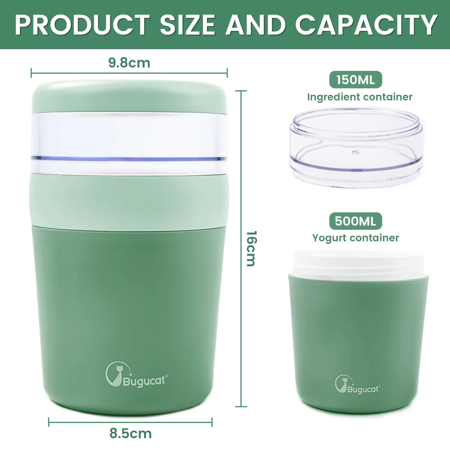 Bugucat Overnight Oats Containers with Lids,Snackle Box Container,500ml+150ml Yogurt and Fruit Holder Cereal Cup to Go with Lids and Spoon, Reusable Portable Cup Cereal Cup with Salad Container
