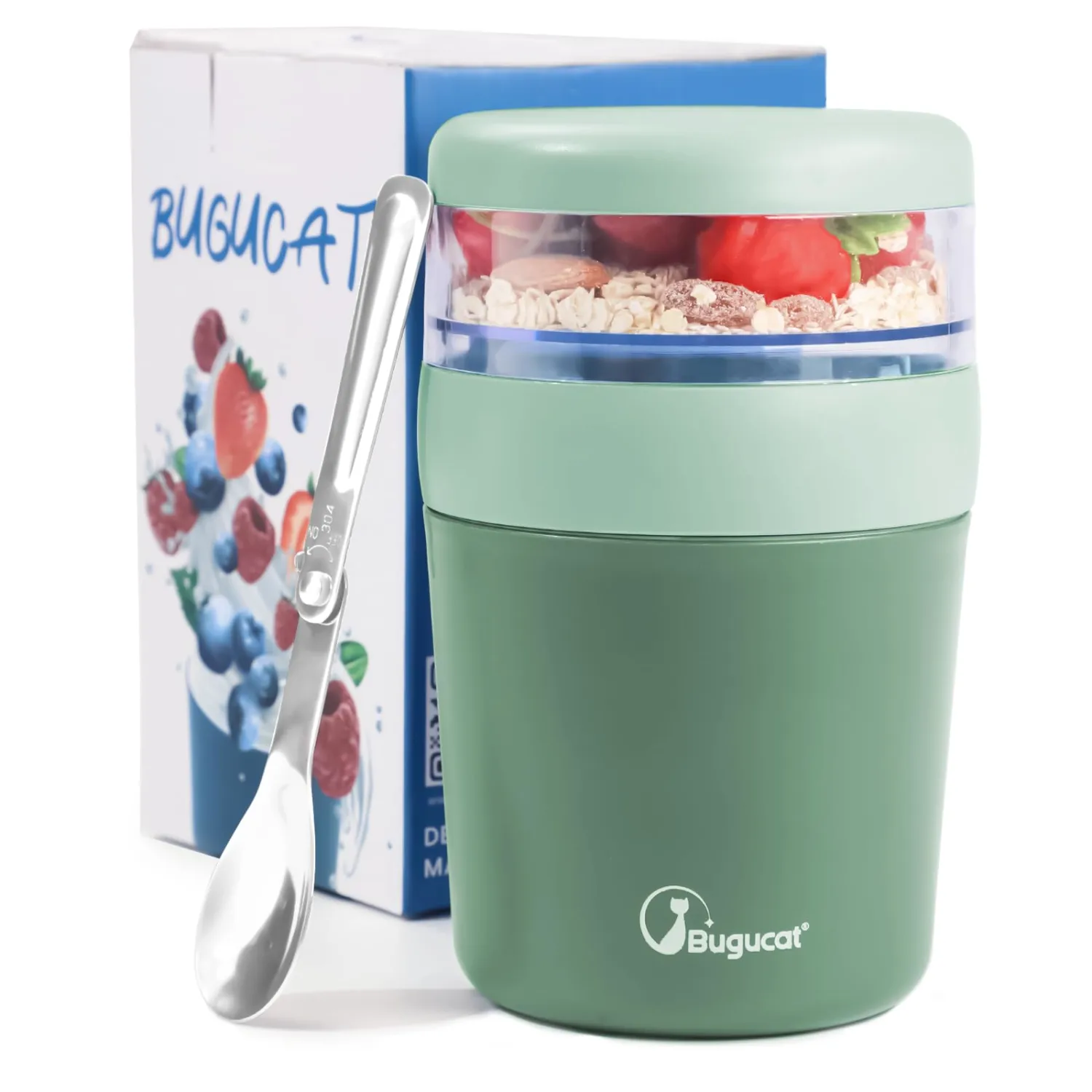 Bugucat Overnight Oats Containers with Lids,Snackle Box Container,500ml+150ml Yogurt and Fruit Holder Cereal Cup to Go with Lids and Spoon, Reusable Portable Cup Cereal Cup with Salad Container