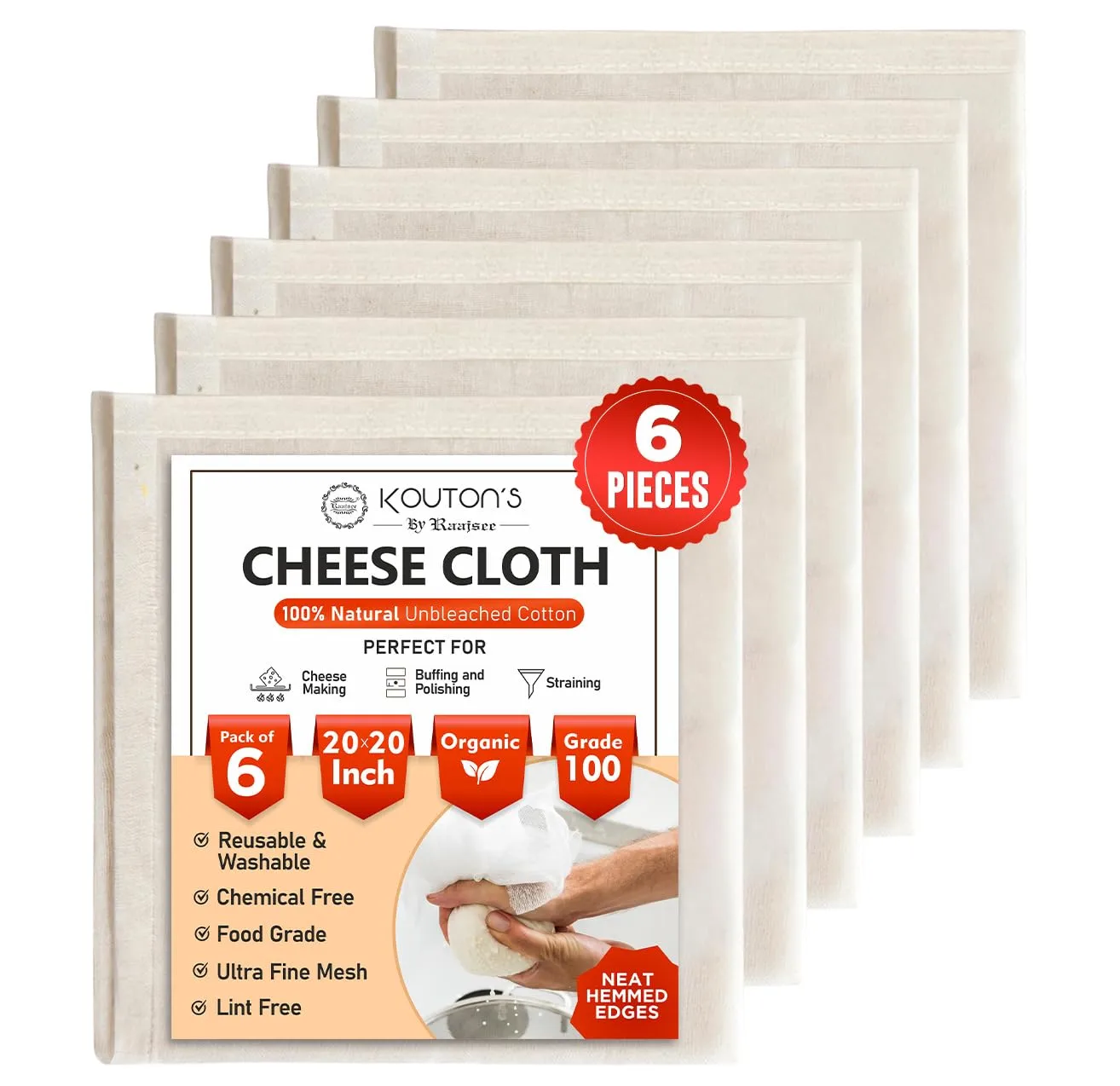 Raajsee Cheese Cloths 6 pcs Hemmed 20x20 inch Reusable 100% Unbleached Organic Cheesecloth for Straining Craft, Grade 100 Ultra Fine Muslin Cloth For Turkey Baking Juicing Brewing Yogurt Strainer