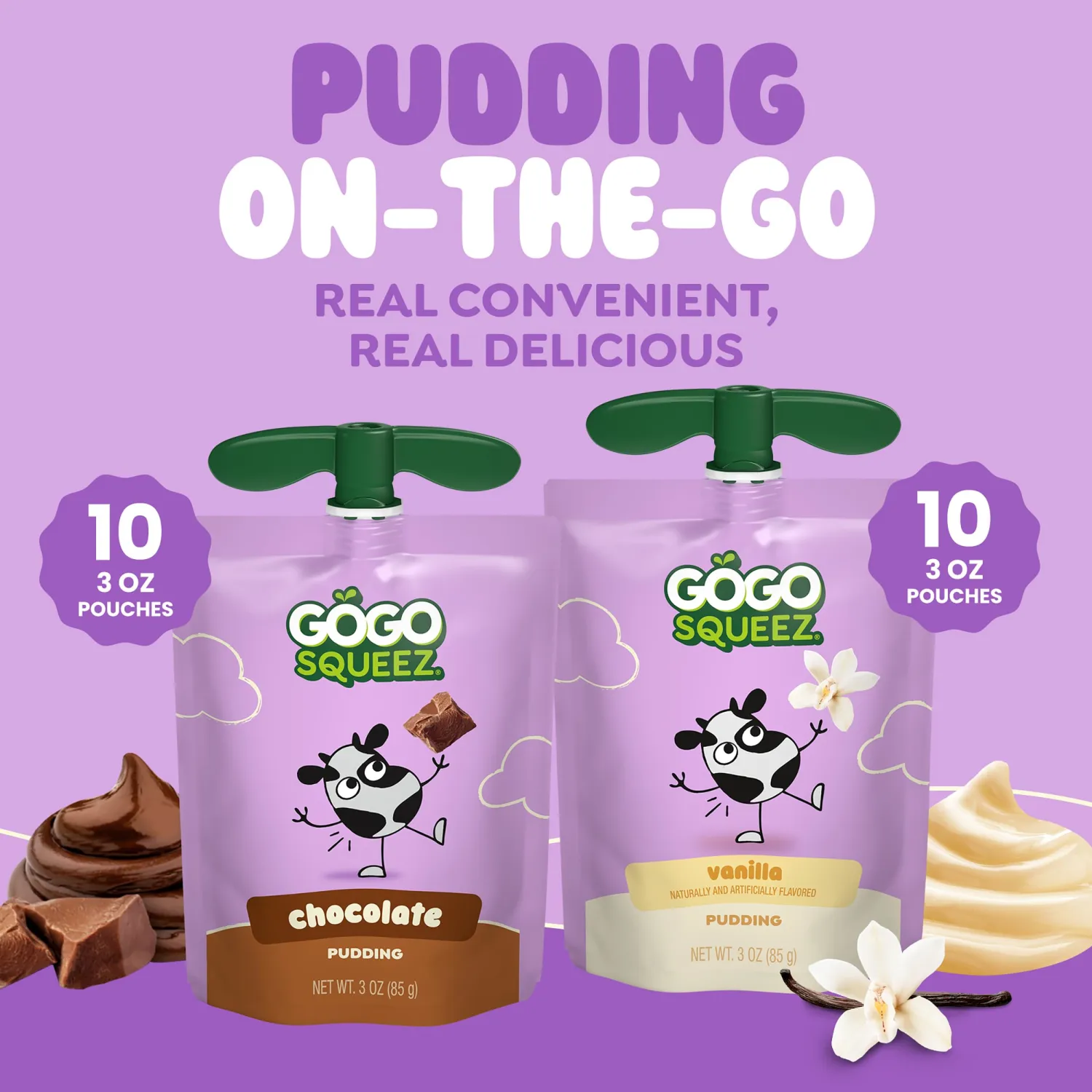 GoGo squeeZ PuddingZ Variety Pack, On-the-Go Chocolate and Vanilla Pudding, 3 oz. Pouches (Pack of 20), BPA Free Pouches
