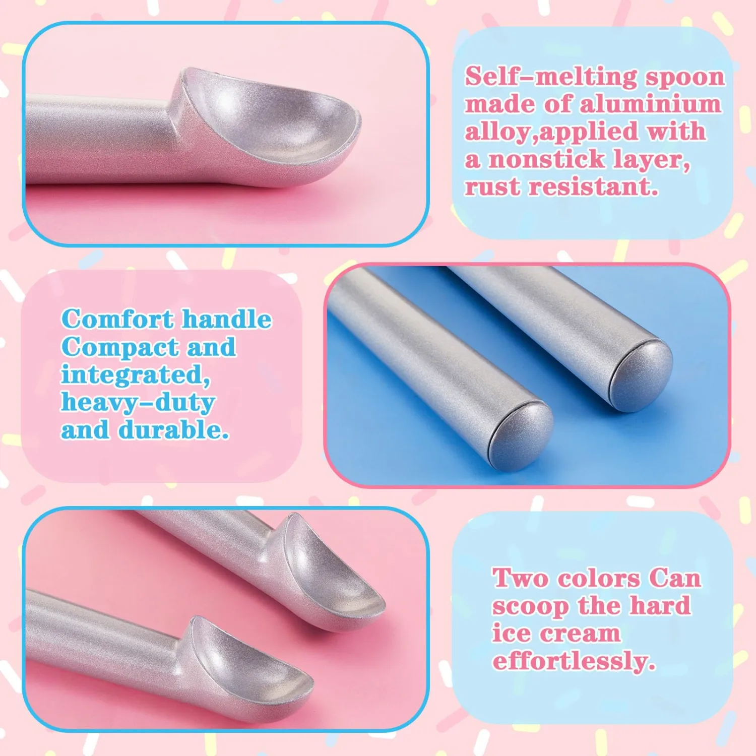 Gejoy 8 Pcs Ice Cream Scoop 7 Inch Nonstick Anti Freeze Ice Cream Scooper Aluminum Design Dessert Spoon for Gelatos Frozen Yogurt Fruit Sundaes Sorbet Almond Cookie Dough (Silver)