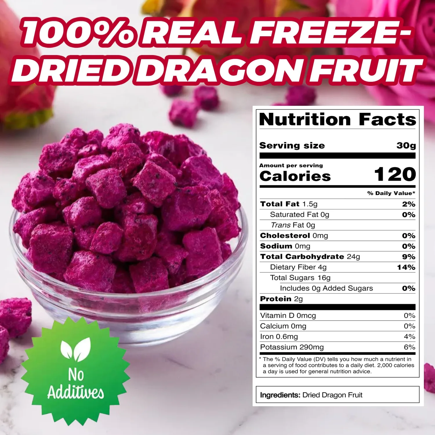 6oz Freeze Dried Dragon Fruit Pieces,170g Dragon Fruit Chunks for Smoothies, Baking, Yogurt, Breakfast & Pink Drink Topping | No Sugar Added, Vegan & Gluten-Free Superfood Snack
