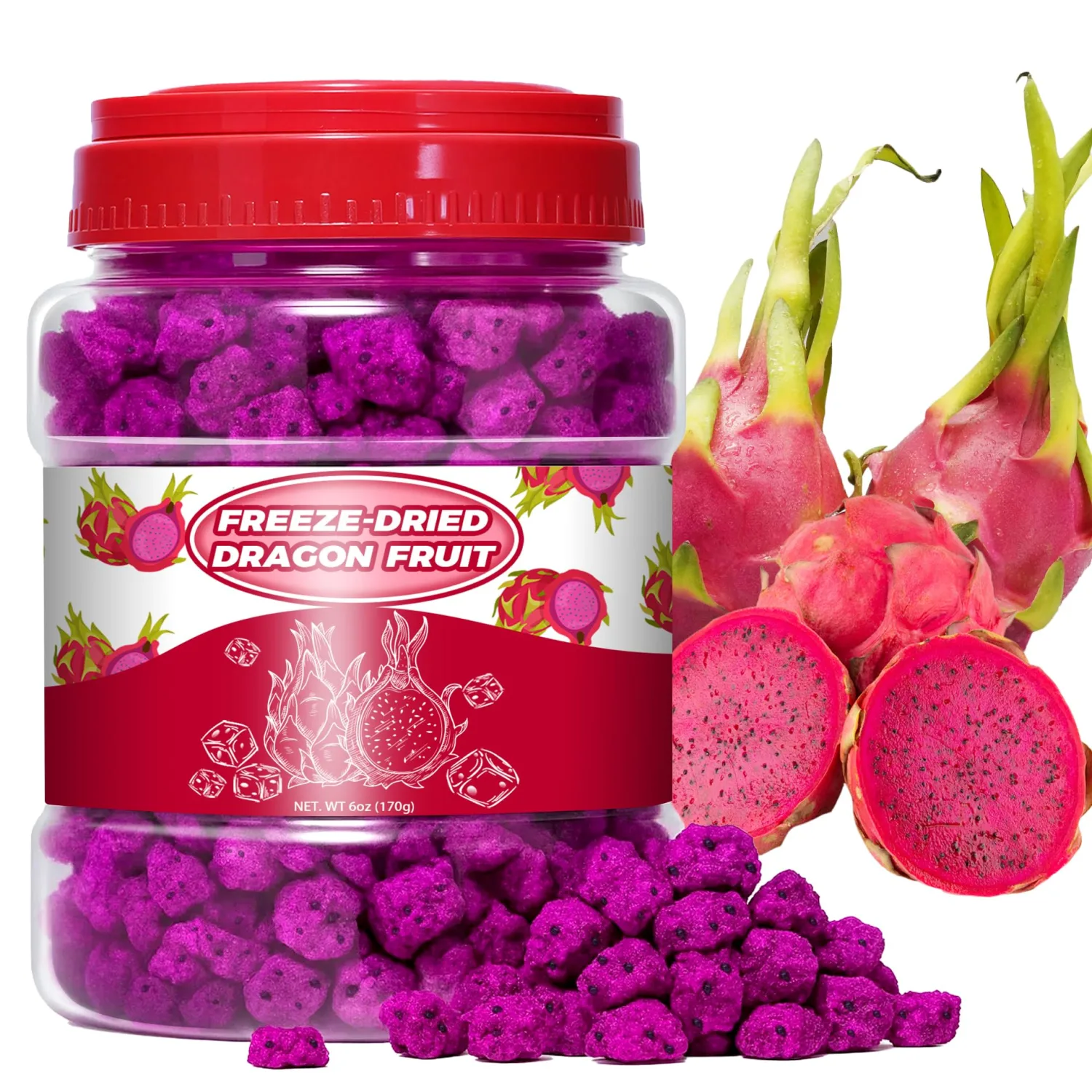 6oz Freeze Dried Dragon Fruit Pieces,170g Dragon Fruit Chunks for Smoothies, Baking, Yogurt, Breakfast & Pink Drink Topping | No Sugar Added, Vegan & Gluten-Free Superfood Snack