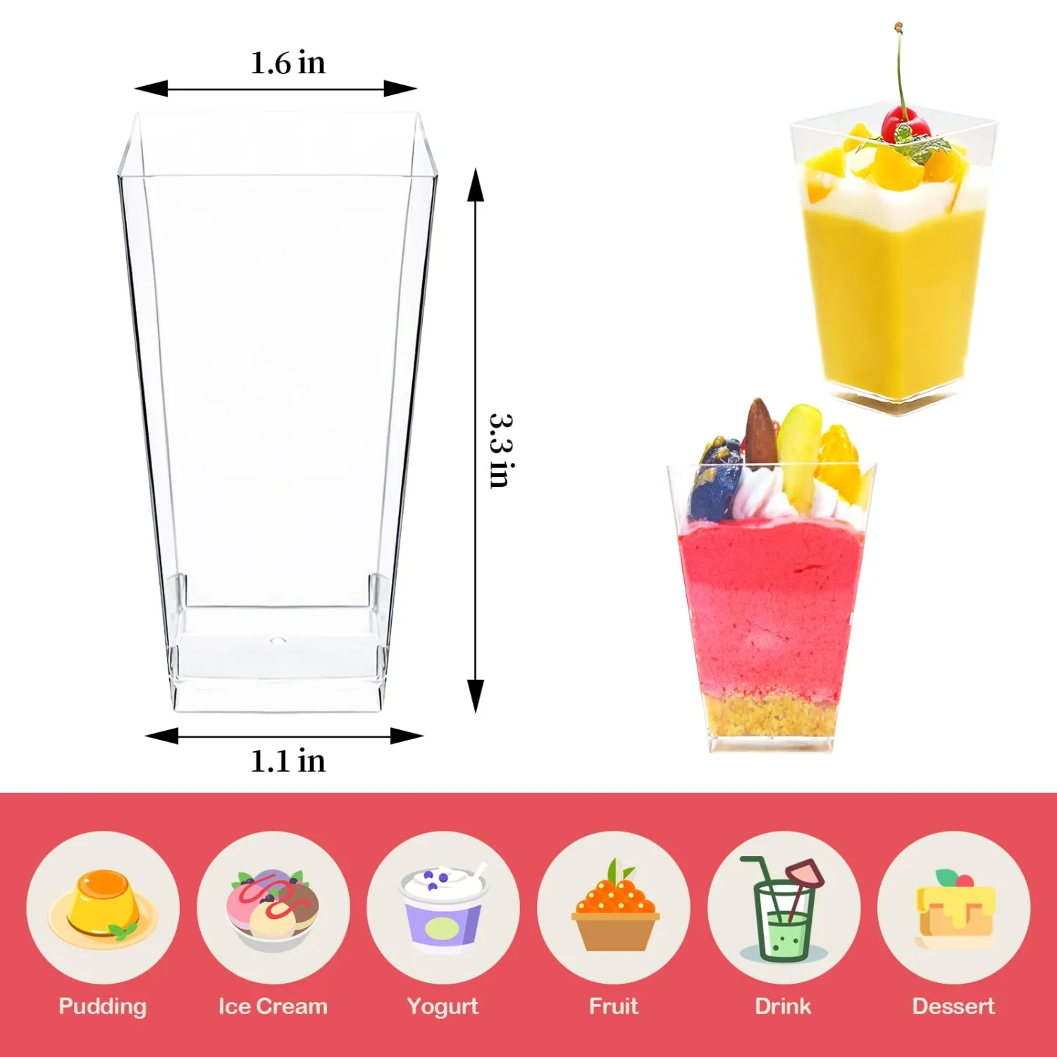 Dessert Cups Square Clear Cups Mini Containers Small Plastic Cup for Ice Cream, Yogurt, Pudding (20, 3oz)