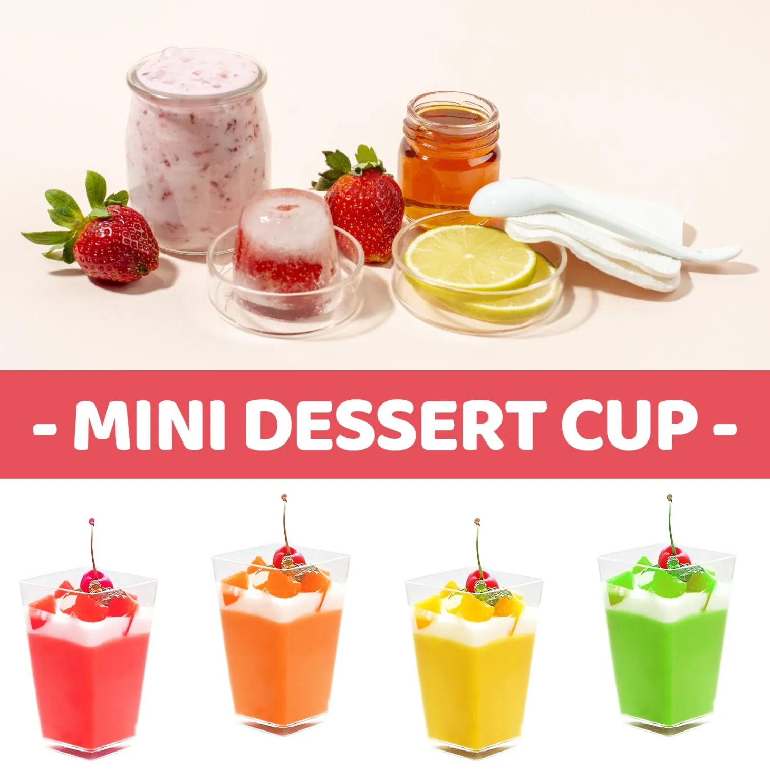 Dessert Cups Square Clear Cups Mini Containers Small Plastic Cup for Ice Cream, Yogurt, Pudding (20, 3oz)
