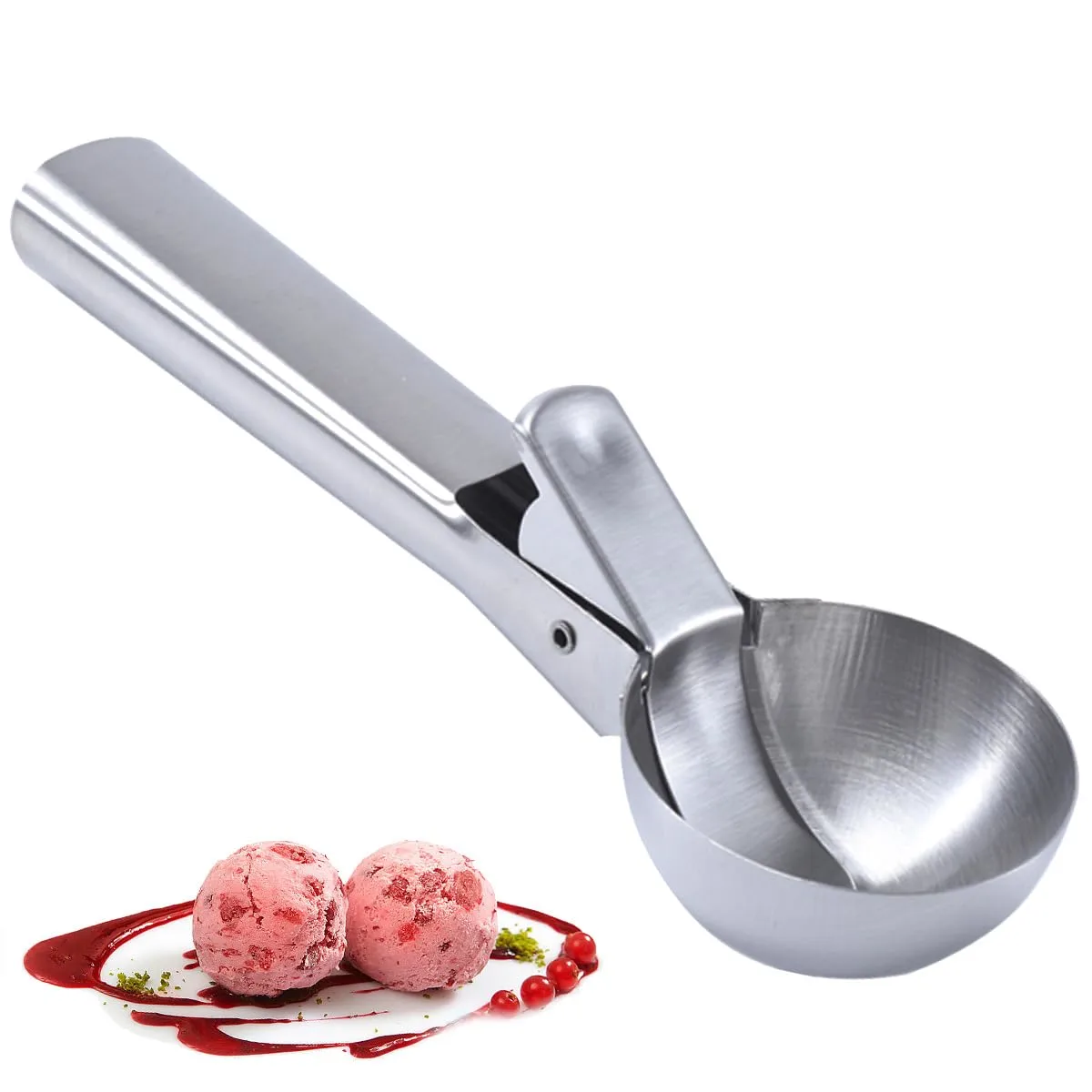Premium Ice Cream Scoop,Portable Stainless Steel Ice Cream Scoop with Trigger and Comfortable Handle,Dishwasher Safe,Perfect for Frozen Yogurt,DIY Ice Cream，Fruit,Cookie (1, silver)