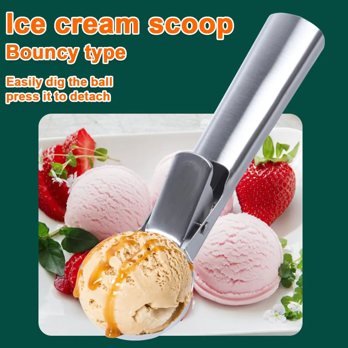 Premium Ice Cream Scoop,Portable Stainless Steel Ice Cream Scoop with Trigger and Comfortable Handle,Dishwasher Safe,Perfect for Frozen Yogurt,DIY Ice Cream，Fruit,Cookie (1, silver)