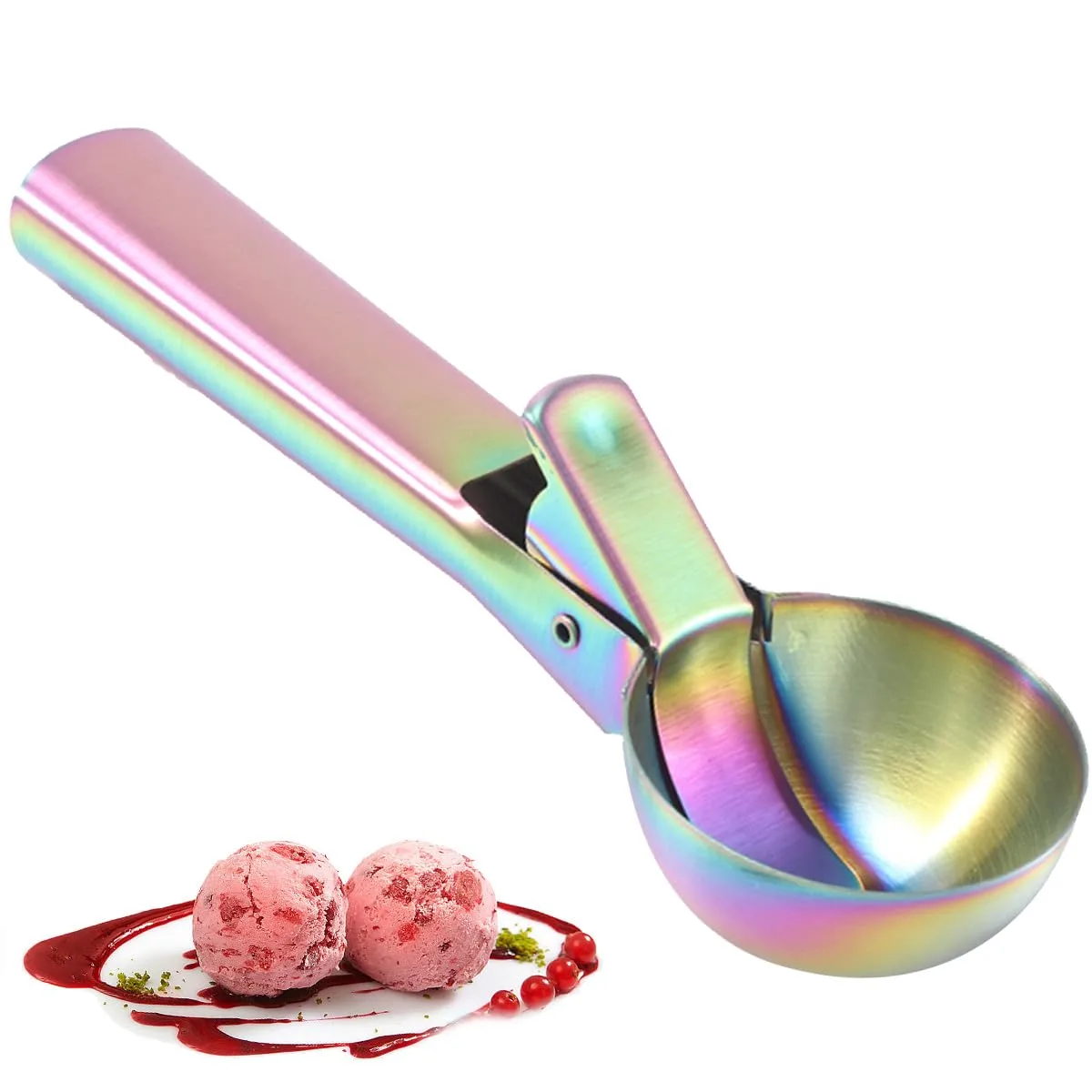 Premium Ice Cream Scoop,Portable Stainless Steel Ice Cream Scoop with Trigger and Comfortable Handle,Dishwasher Safe,Perfect for Frozen Yogurt,DIY Ice Cream，Fruit,Cookie (1, color)