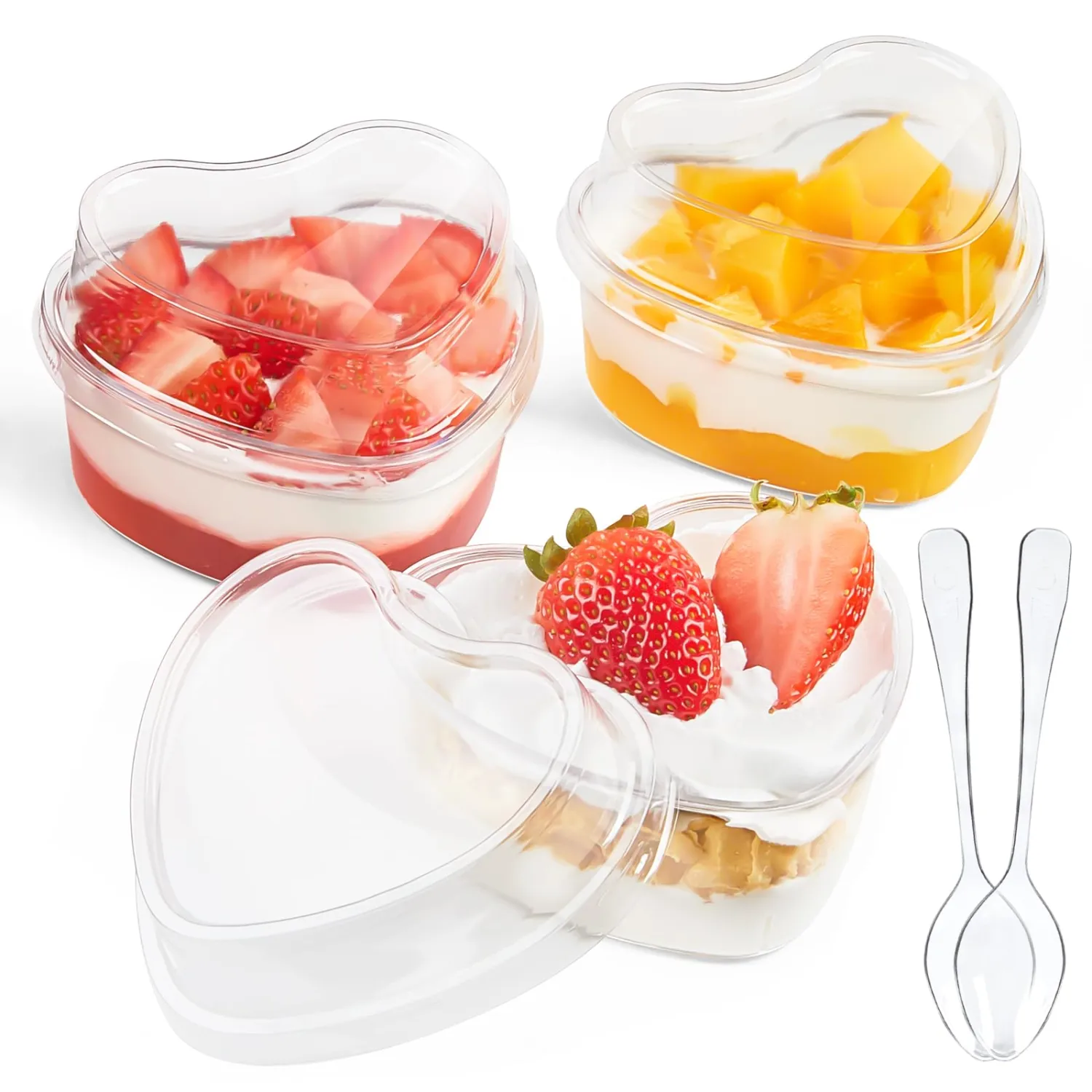 Qeirudu 50 Pack 5 oz Heart Shaped Dessert Cups with Lids and Spoons, Mini Dessert Shooter Cups Cute Plastic Parfait Cups for Party Serving Cheesecake Mousse Pudding