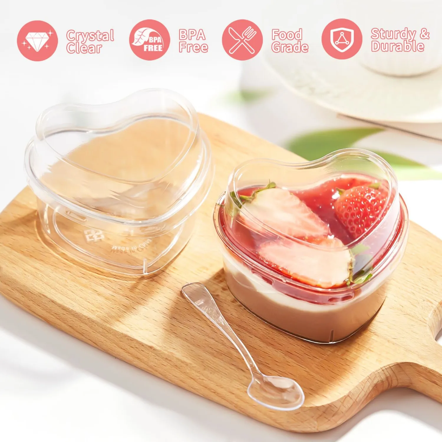 Qeirudu 50 Pack 5 oz Heart Shaped Dessert Cups with Lids and Spoons, Mini Dessert Shooter Cups Cute Plastic Parfait Cups for Party Serving Cheesecake Mousse Pudding