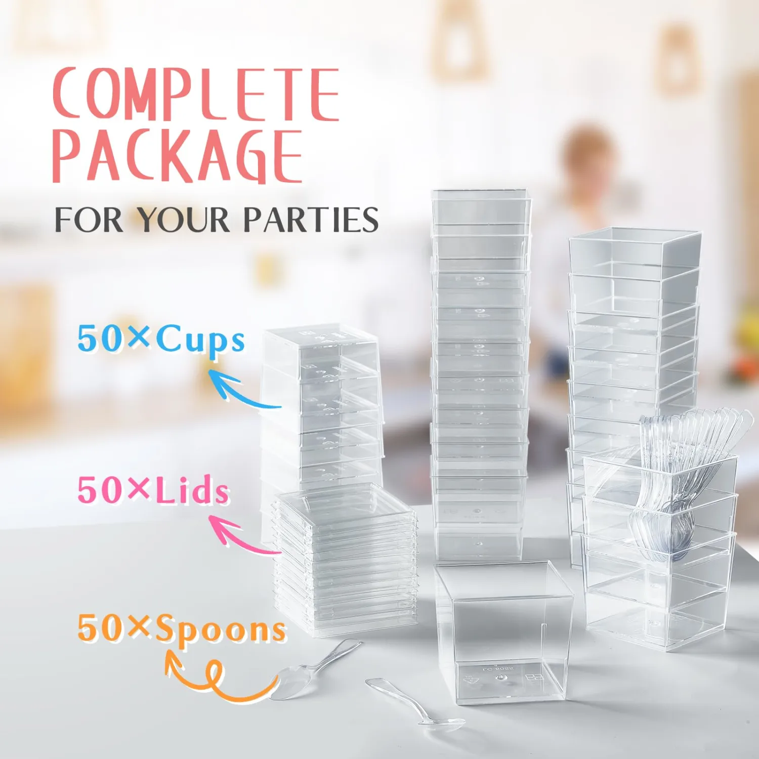 Qeirudu 5 oz Square Dessert Cups with Lids and Spoons, 50 Pack Mini Plastic Dessert Cups Small Serving Cups for Pudding Mousse Yogurt Parfait Appetizers Fruit