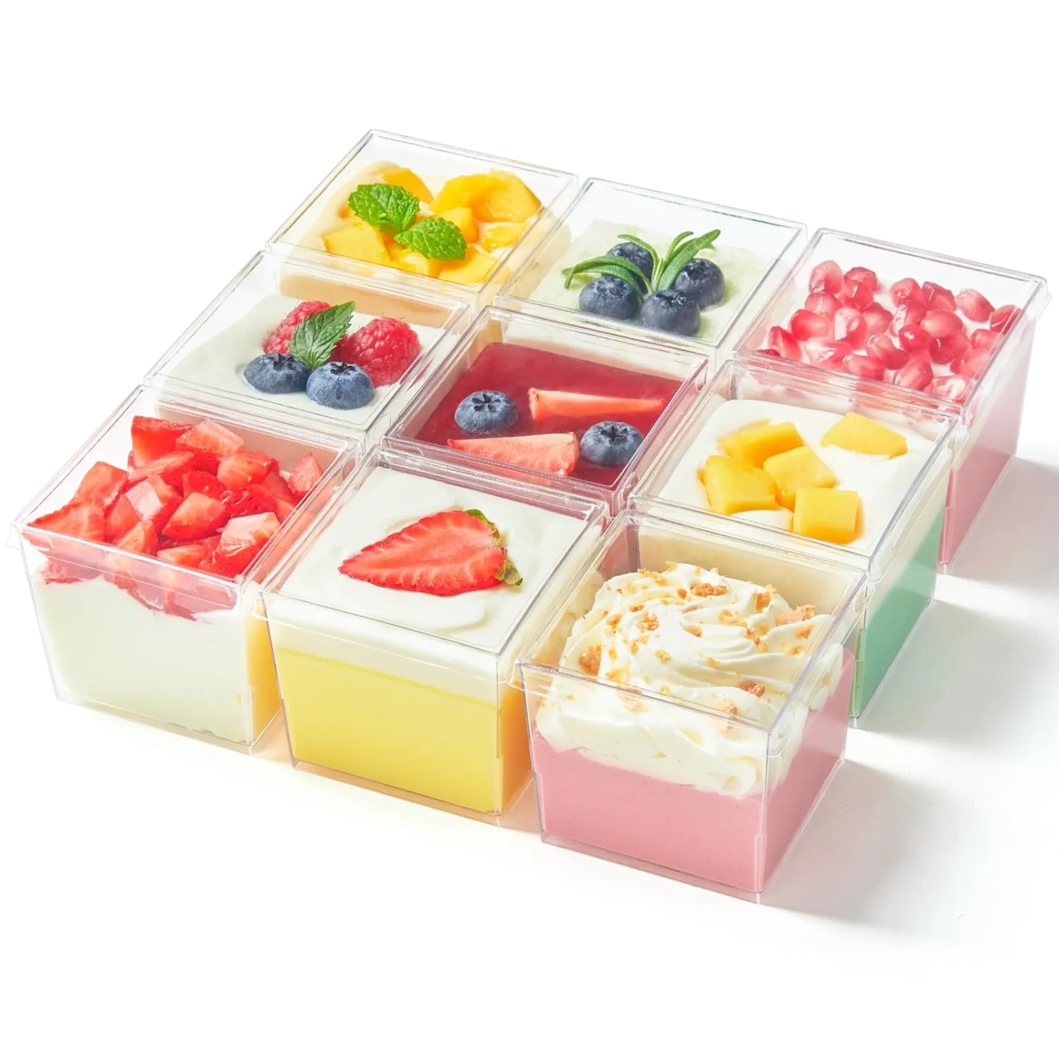 Qeirudu 5 oz Square Dessert Cups with Lids and Spoons, 50 Pack Mini Plastic Dessert Cups Small Serving Cups for Pudding Mousse Yogurt Parfait Appetizers Fruit