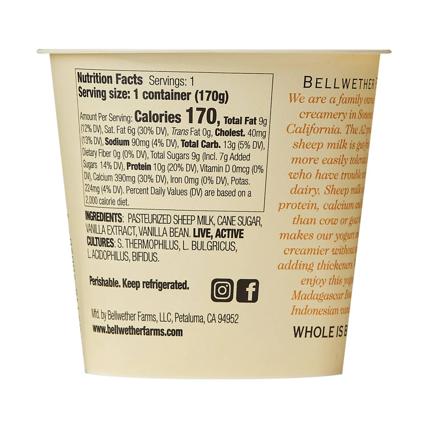 Bellwether Farms, Sheep Milk Yogurt, Vanilla, 6 oz