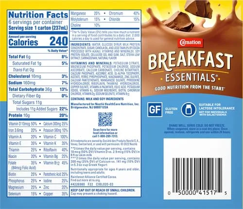 Carnation Breakfast Essentials Ready-to-Drink, Rich Milk Chocolate, 8 FL OZ Bottle (Pack of 6) (Packaging May Vary)
