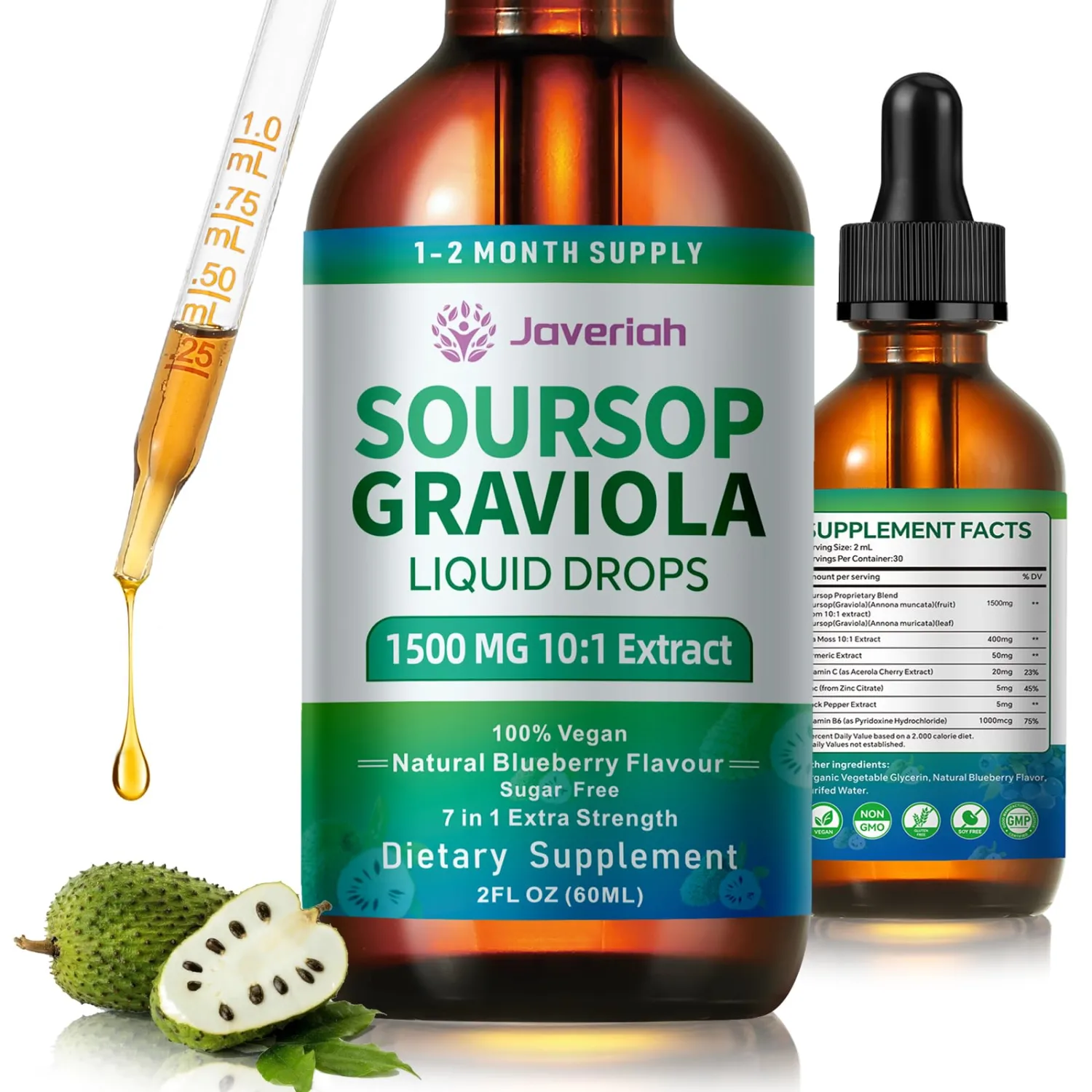 Soursop Graviola Liquid Drops Supplement with Sea Moss Extract, Soursop Bitters Liquid for Cell Support & Regeneration, Immunity, Liver, Antioxidant, Graviola Leaves Extract 2 Month Supply 60ML