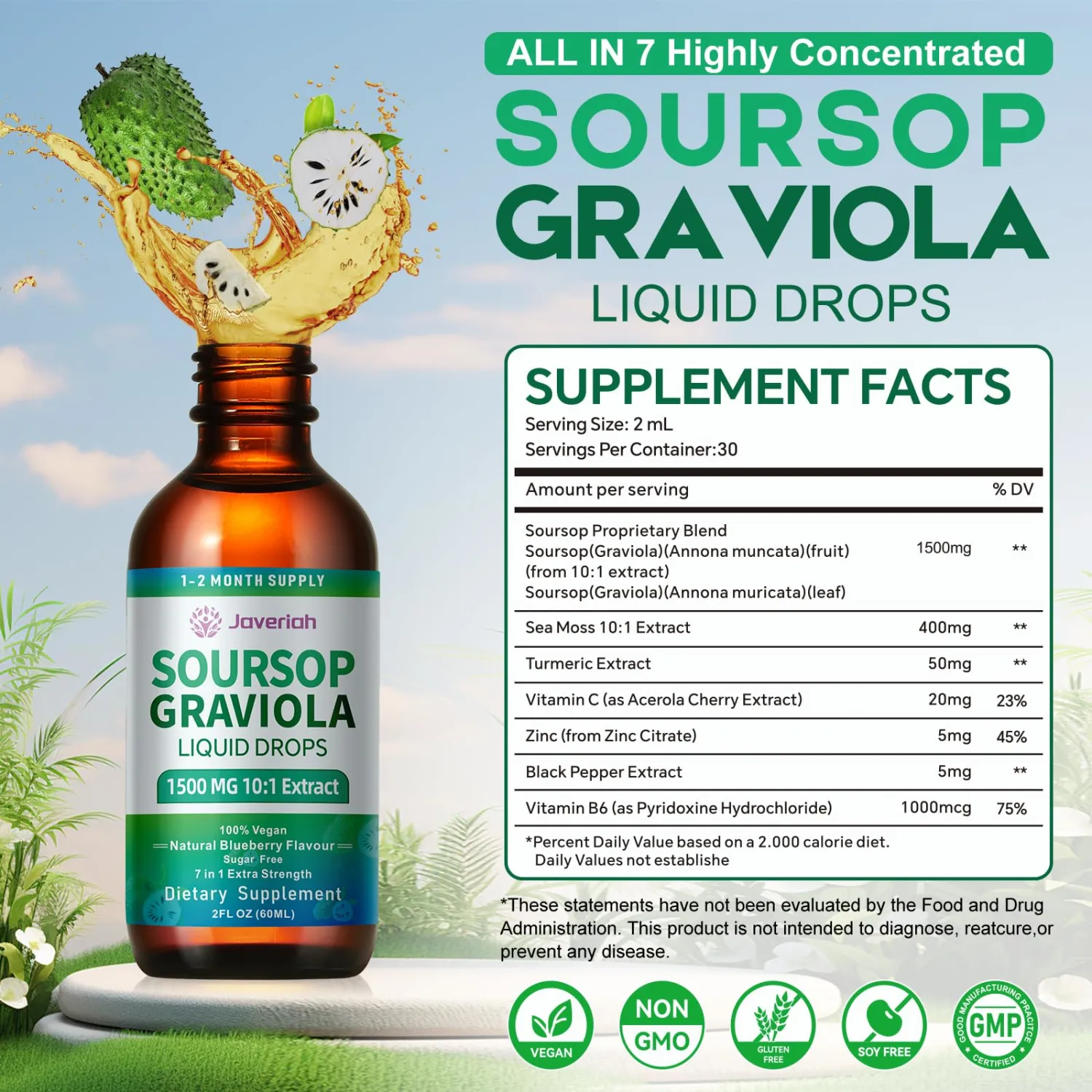 Soursop Graviola Liquid Drops Supplement with Sea Moss Extract, Soursop Bitters Liquid for Cell Support & Regeneration, Immunity, Liver, Antioxidant, Graviola Leaves Extract 2 Month Supply 60ML