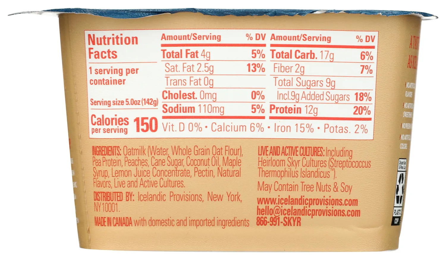 Icelandic Provisions Oatmilk Skyr, Peach, 5 Ounce