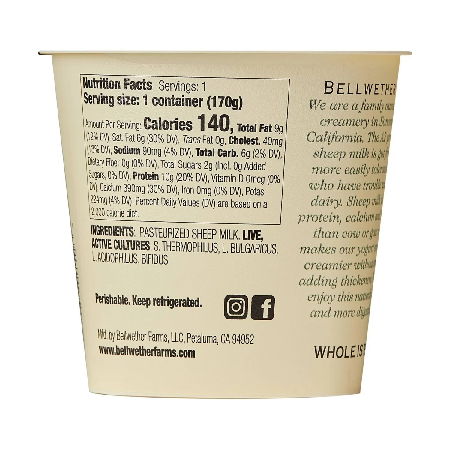 Bellwether Farms, Sheep Milk Yogurt, Plain, 6 oz