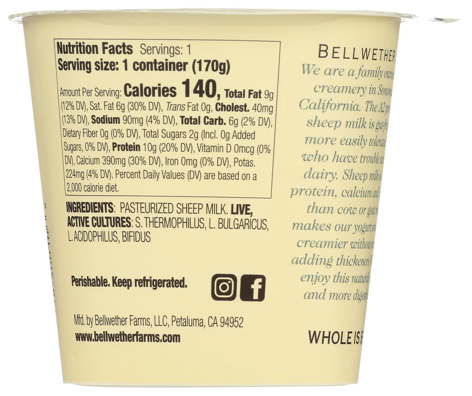 Bellwether Farms, Sheep Milk Yogurt, Plain, 6 oz