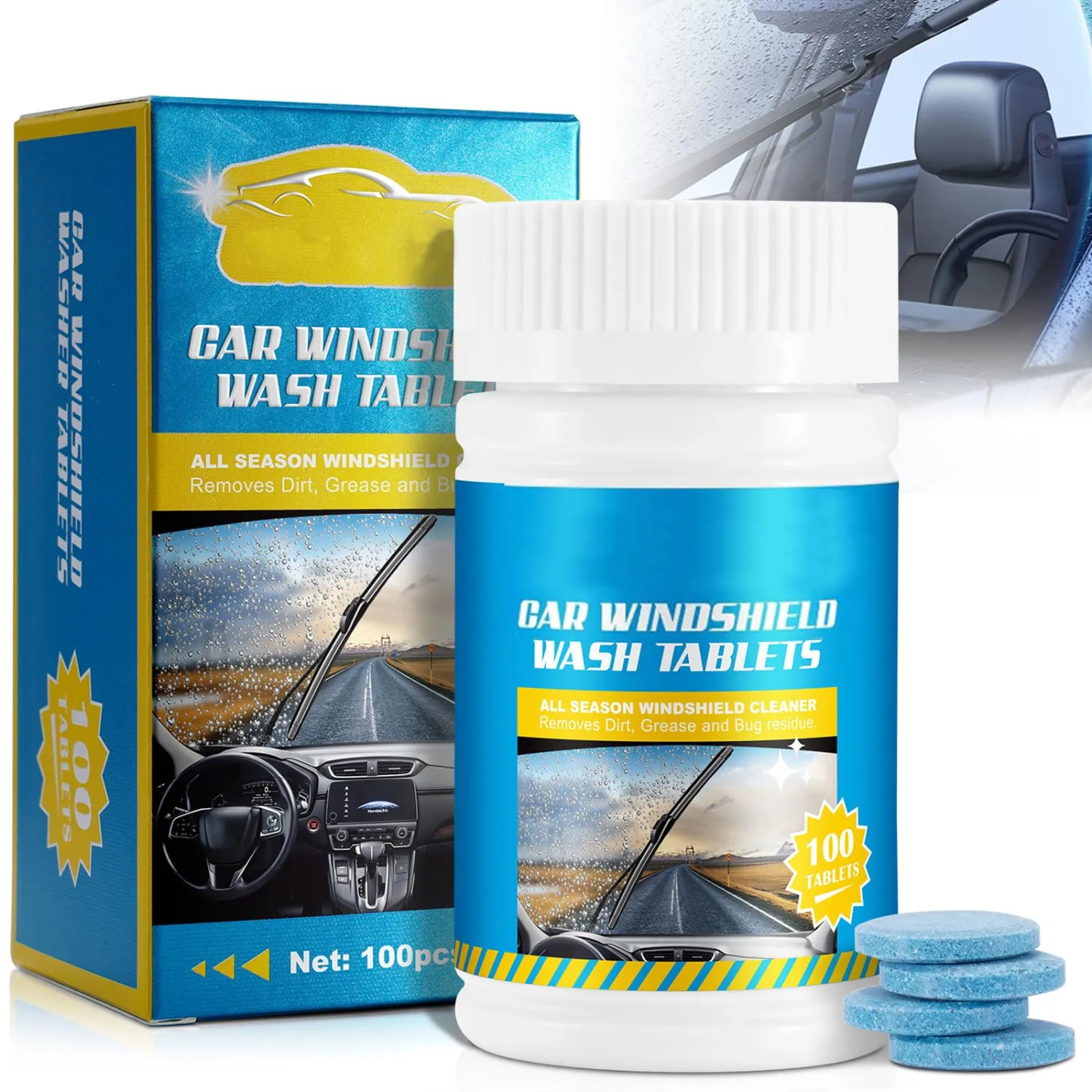 100 Pieces Car Windshield Washer Tablets, Effervescent Washer Multi-Functional Car Effervescent Washer for Windows, Screen, 1 Tablet Equal to 4 Liters of Windshield Washer Fluid