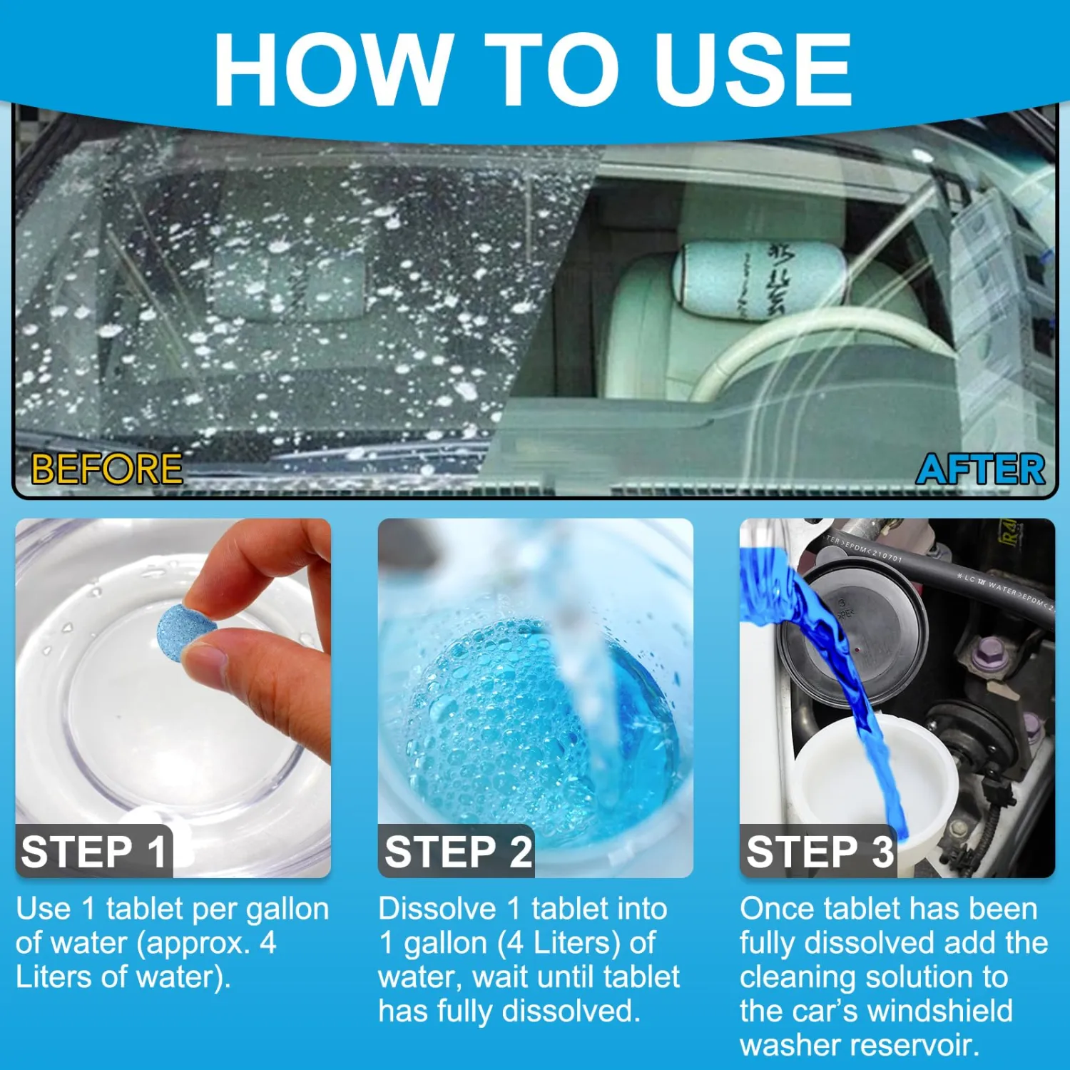 100 Pieces Car Windshield Washer Tablets, Effervescent Washer Multi-Functional Car Effervescent Washer for Windows, Screen, 1 Tablet Equal to 4 Liters of Windshield Washer Fluid