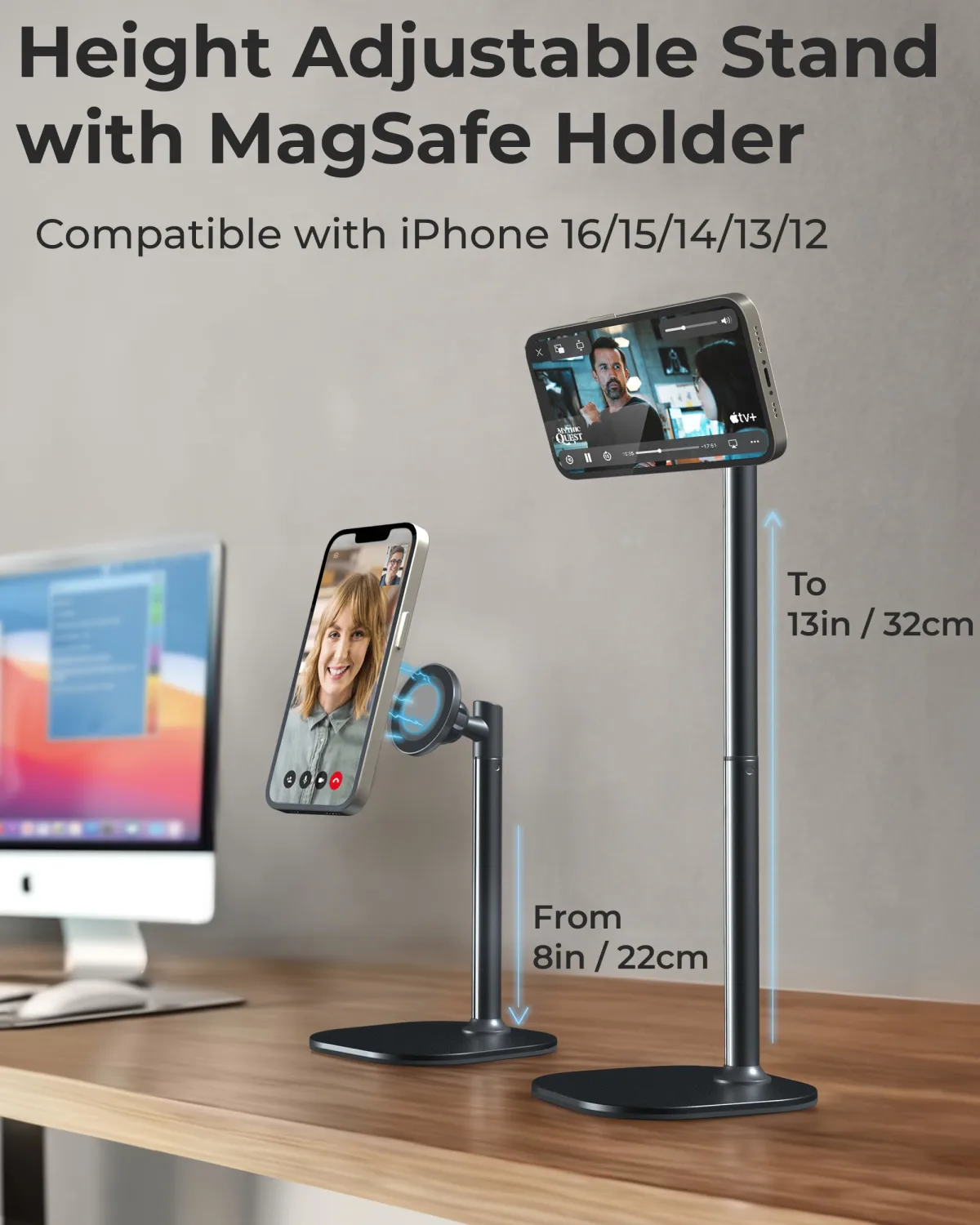 Cooper MagStand - Adjustable Magnetic iPhone Stand for Desk & Phone Holder for Video Recording, Compatible with MagSafe, Stand for iPhone 16 Pro Max, 15/14/13/12, Small Mag Safe Tripod (Night Black)