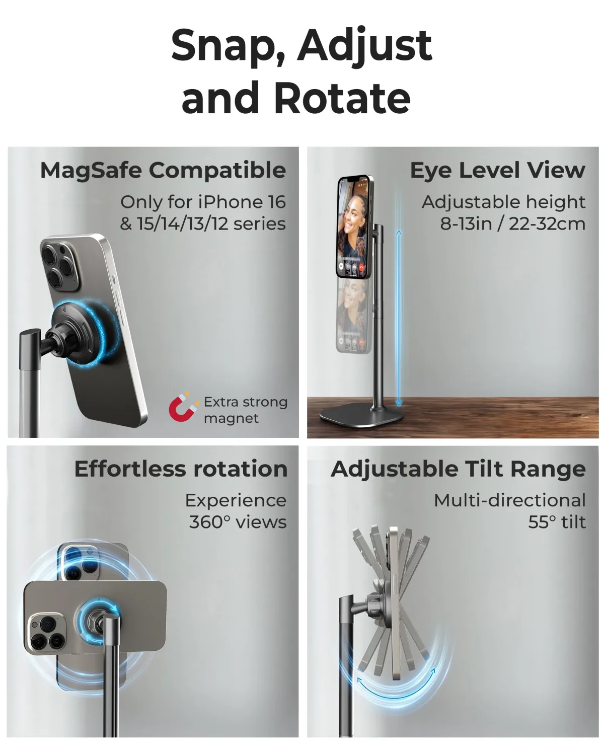 Cooper MagStand - Adjustable Magnetic iPhone Stand for Desk & Phone Holder for Video Recording, Compatible with MagSafe, Stand for iPhone 16 Pro Max, 15/14/13/12, Small Mag Safe Tripod (Night Black)