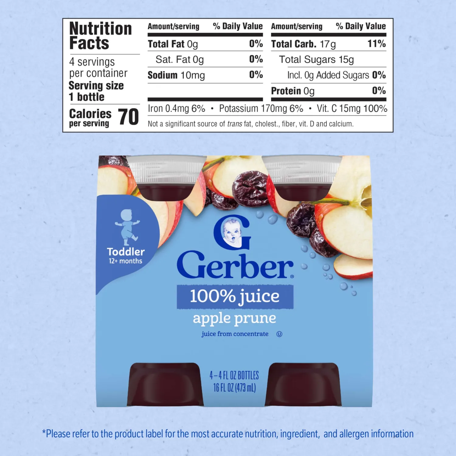 Gerber Juice, Todder 12+ months, Apple Prune, 4 Fl Oz Bottle, 4 Pack