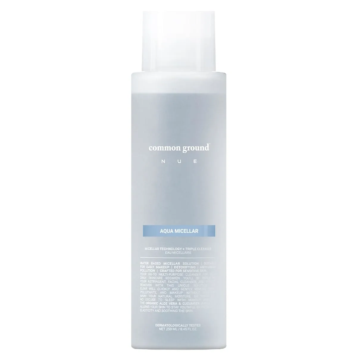 COMMON GROUND NUE Aqua Micellar Water Makeup Remover 3-in-1 Cleanser, Astringent, Makeup Remover, Non-Greasy, No-Rinse, Hydrating, Plant-Based, Organic Aloe Vera & Cucumber, 8.4 Fl Oz